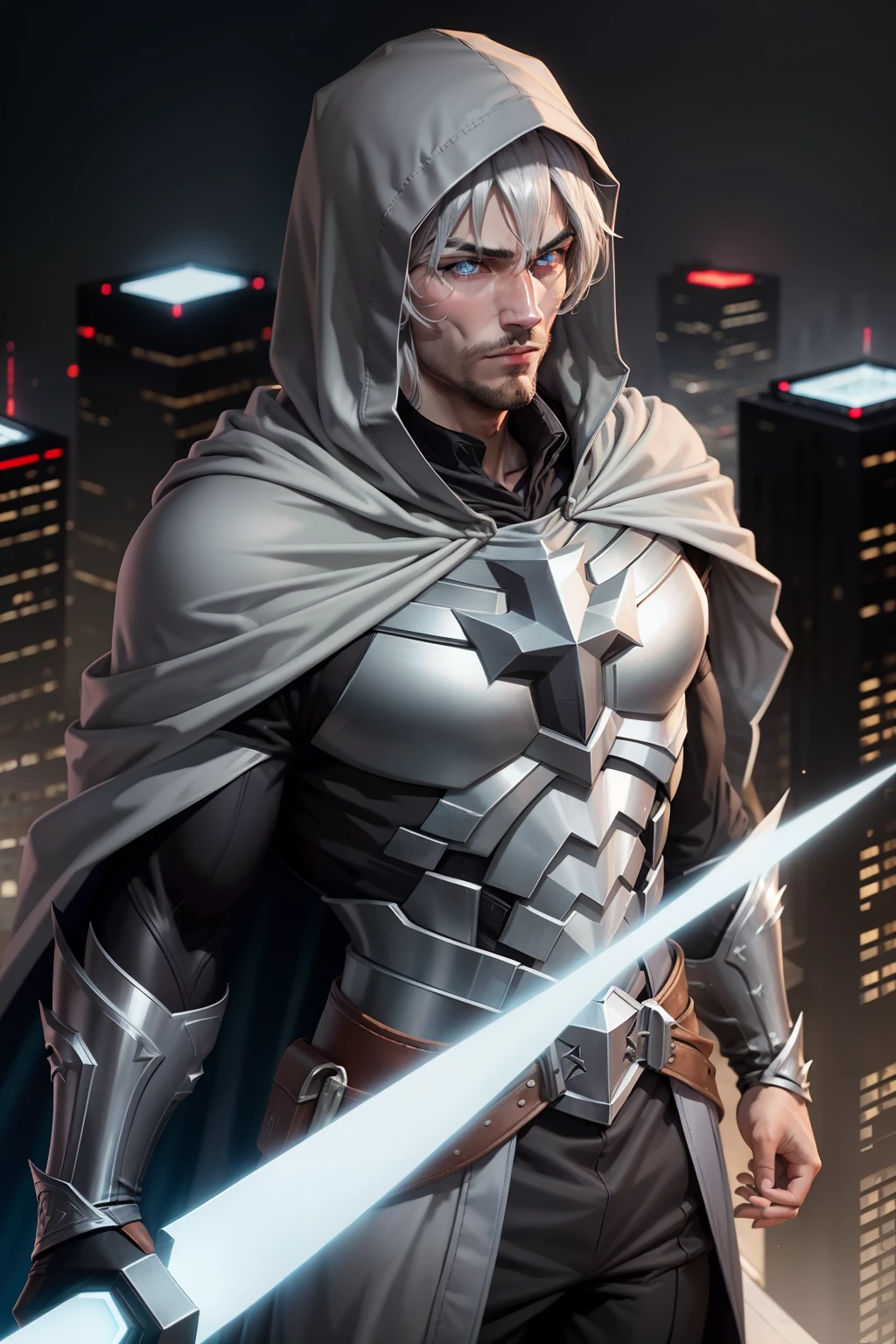 European and American cartoon style，super heroes, sneak，Long silver-gray cloak, Silver-trimmed black hood, eventide, Cold, Light blue eyes, on top of building, vigilante, Handsome，conservative clothing,, Light silver armor, highly details，High definition