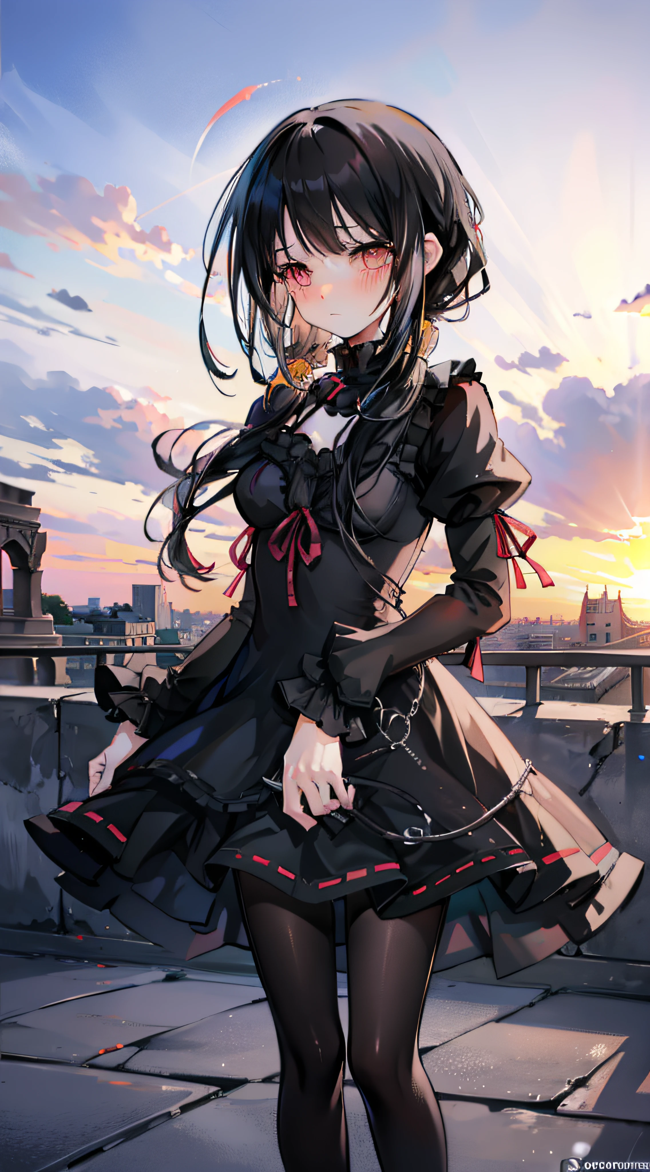 anime girl, alone, black hair, braids, pantyhose, embarrassed, looks at viewer, colosseum, italy, Rome sunset, serene, gothic dress, loli