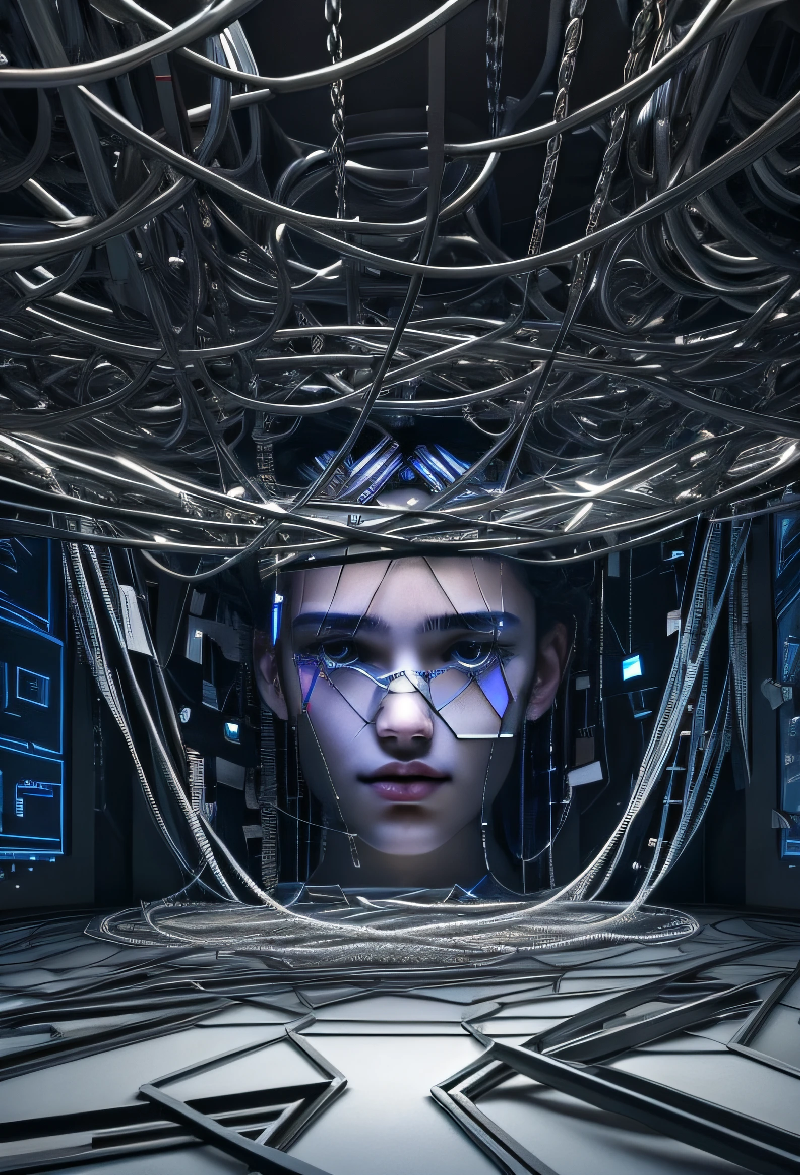 It creates a 3D image: a room surrounded by LCD screens on its walls. In the center, a human head of 15-year-old age girls and boys emerges dramatically from a tangle of chains on the floor, the gaze reflecting melancholy. The head occupies much of the composition, artistically merging with the chains. Soft lighting highlights details while LCD screens project abstract colors. The scene evokes a sense of introspection, capturing the duality between technology and human emotion.