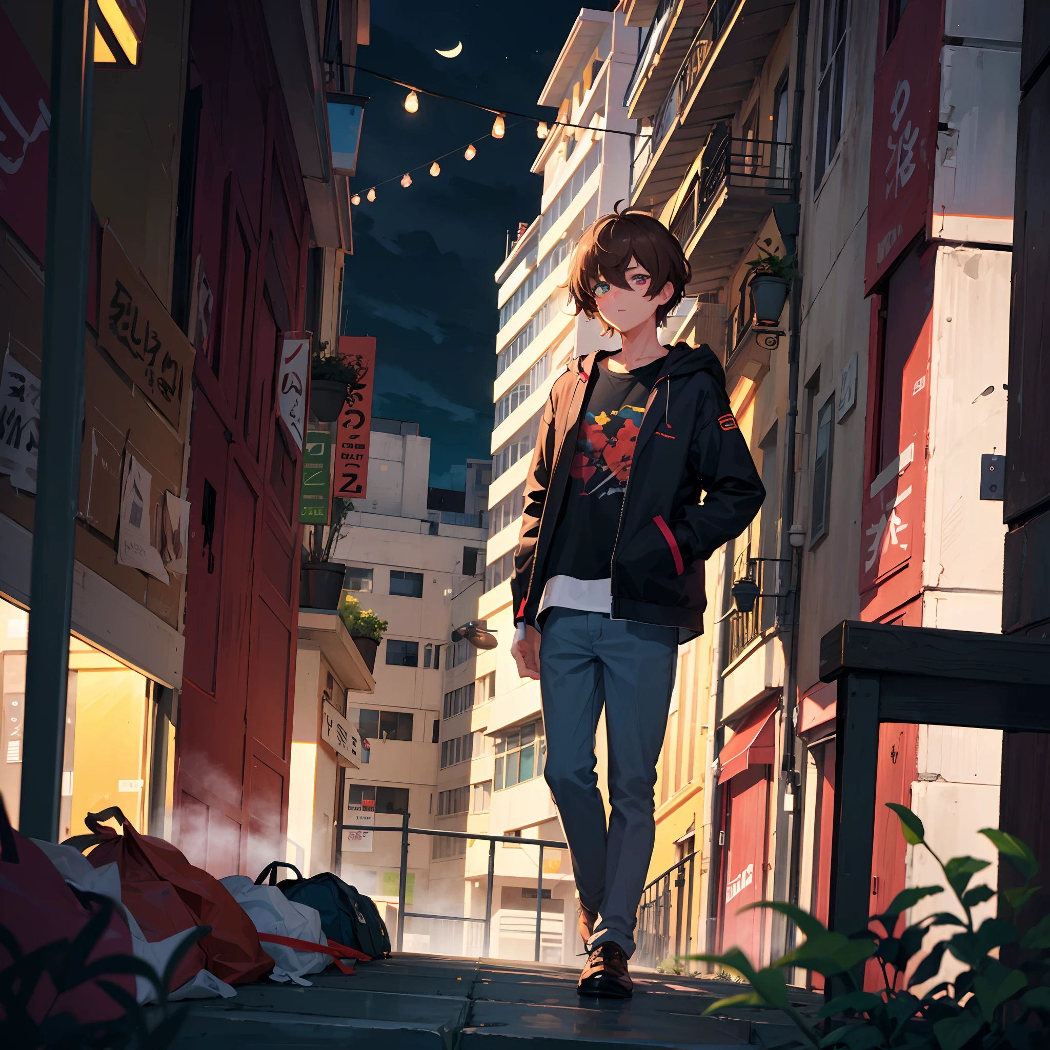 1boy, jacket, t-shirt, pants, bags under eyes, brown hair, partial heterochromia, brown-reen eyes, messy hair, balcony, night