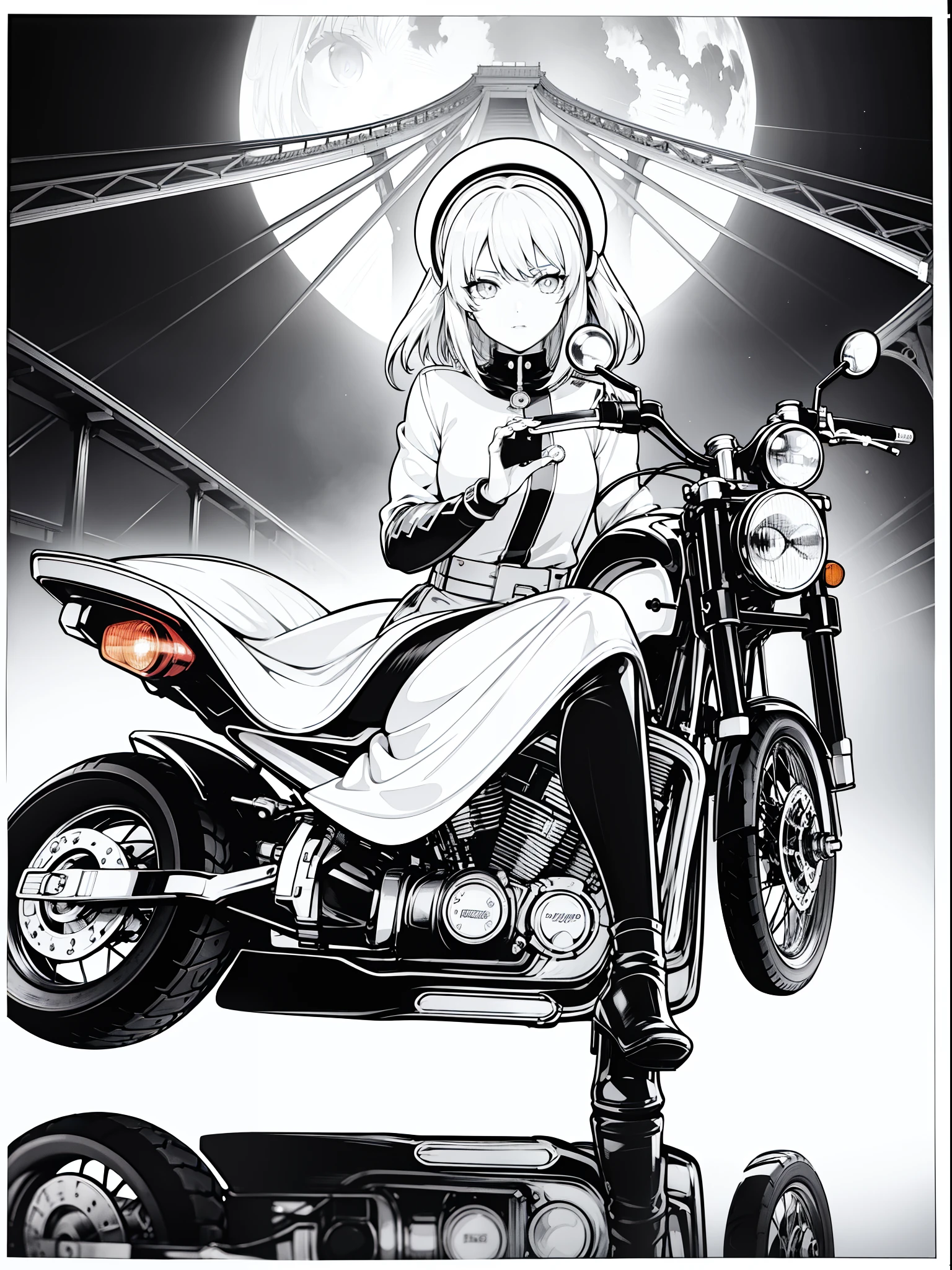 Anime,Anime,(masterpiece:1.5)(highlydetailed)(dark)(on the bridge)(under the moonlight)，(Black and white comics)，(illustration)Holding a motorcycle，The face is dull，glowing light eyes，(full bodyesbian)(solo)(1girl)(longliverhair)(hair loops)(Wing-like bangs)(Dull hair)(leather boots)(hitman)(Lighting in the back)(white hair)(red eyes)(City Bridge)(themoon)（nylon tights）(motorcycle rider)(holding a motorcycle helmet)