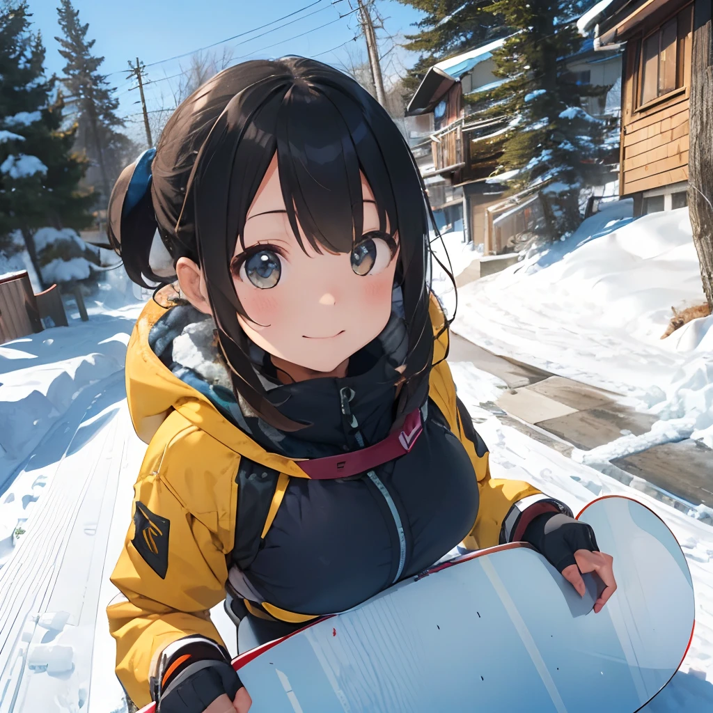 masutepiece, Best Quality, 8K_Wallpaper, (Beautiful eyes), ((Snow is piled up)), Cute, (Yellow Wear、Outerwear is yellow、Red below), (Slopes with large trees),1girl in,small tits,1 schoolgirl、Smile,(Slopes with large trees)、(((Snow as far as the eye can see)))、Ski resort on a sunny day、snow board、(((One big tree)))(((Wear a snowboard)))、