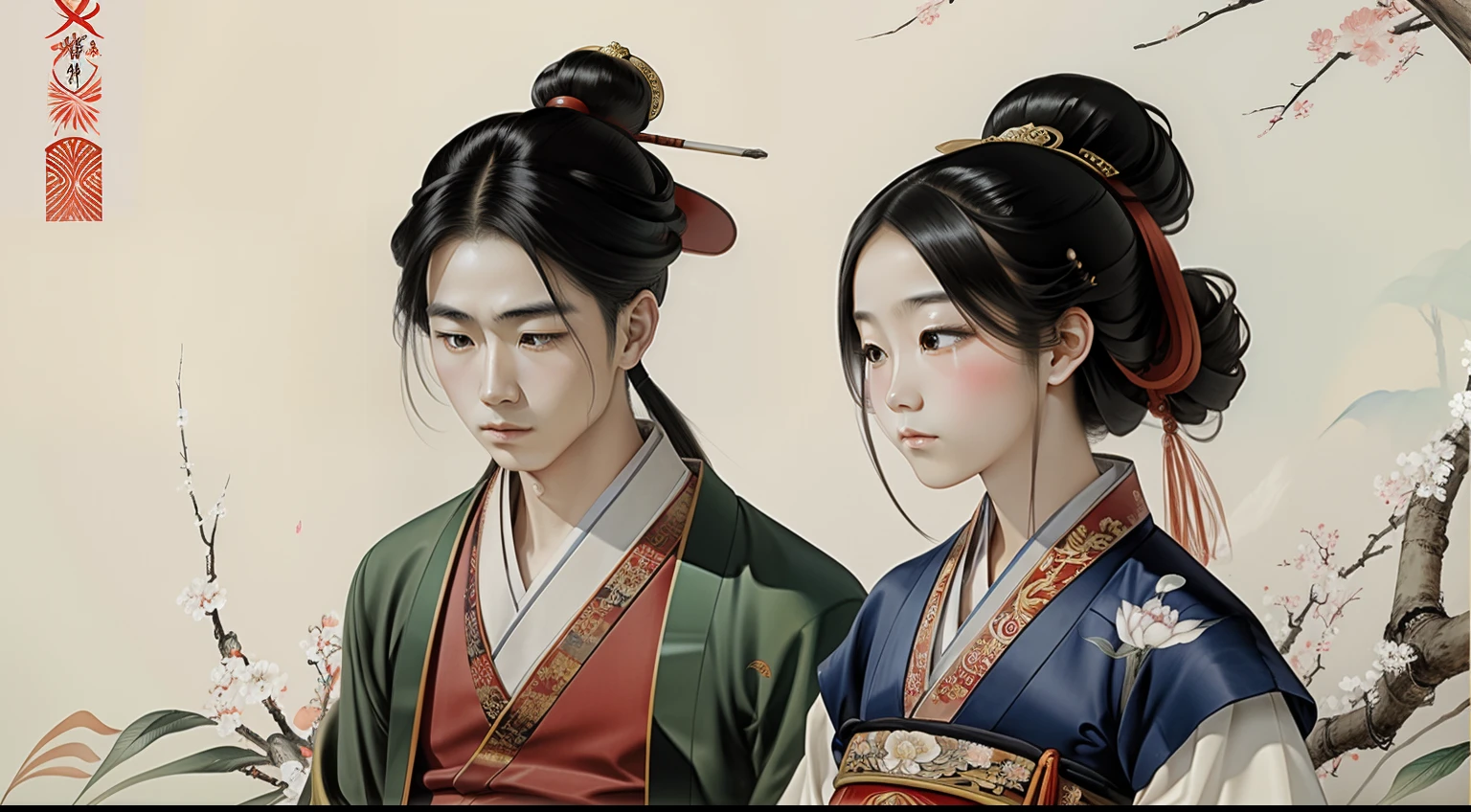 There is a traditional Chinese painting,The painting style is Chinese painting,Depicts a age boy and a teengirl,They wear ancient Chinese costumes。