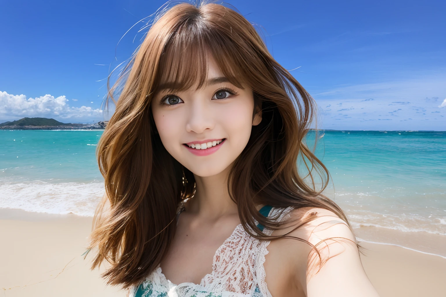 Best Quality, masutepiece, 超A high resolution, (photographrealistic:1.4), selfee, Full body, Stand on the beach near the sea, shoulder length hair, Japan Idols, Cute Japan actress, Beautiful young Japan woman, Young adorable Japan face, Portrait of a Japan idol, beautfull Japanease woman