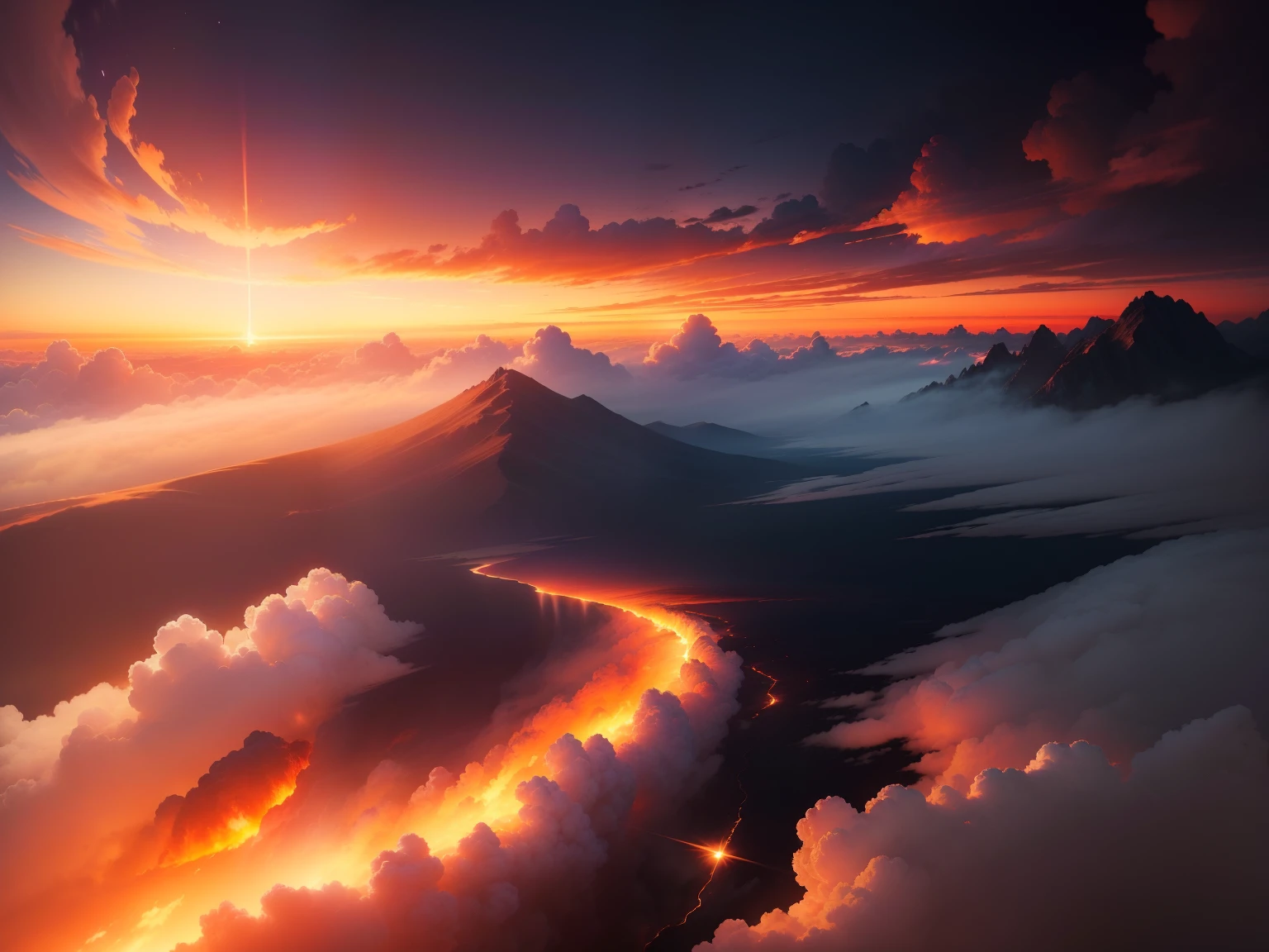 *(masterpiece)，Highest image quality，Extremely delicate CG work，Stunning view of the burning clouds，Color saturation，The overall lighting and shadow effect is outstanding，Soft light illuminates the clouds，It's like a burning flame in the sky，Intense and spectacular。*