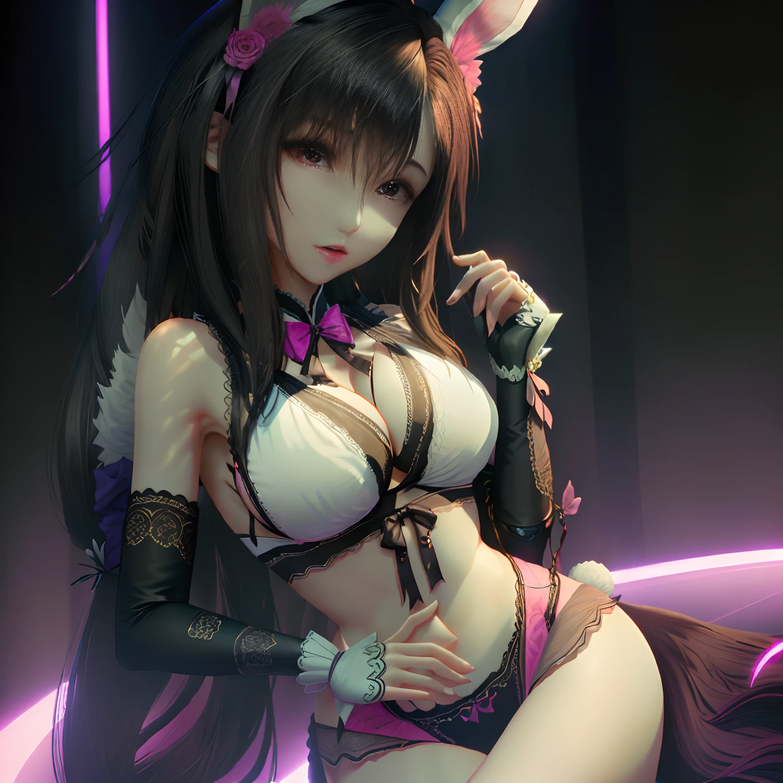 White-haired woman，rabbitears，Pink transparent lace bra, Bunny Girl,