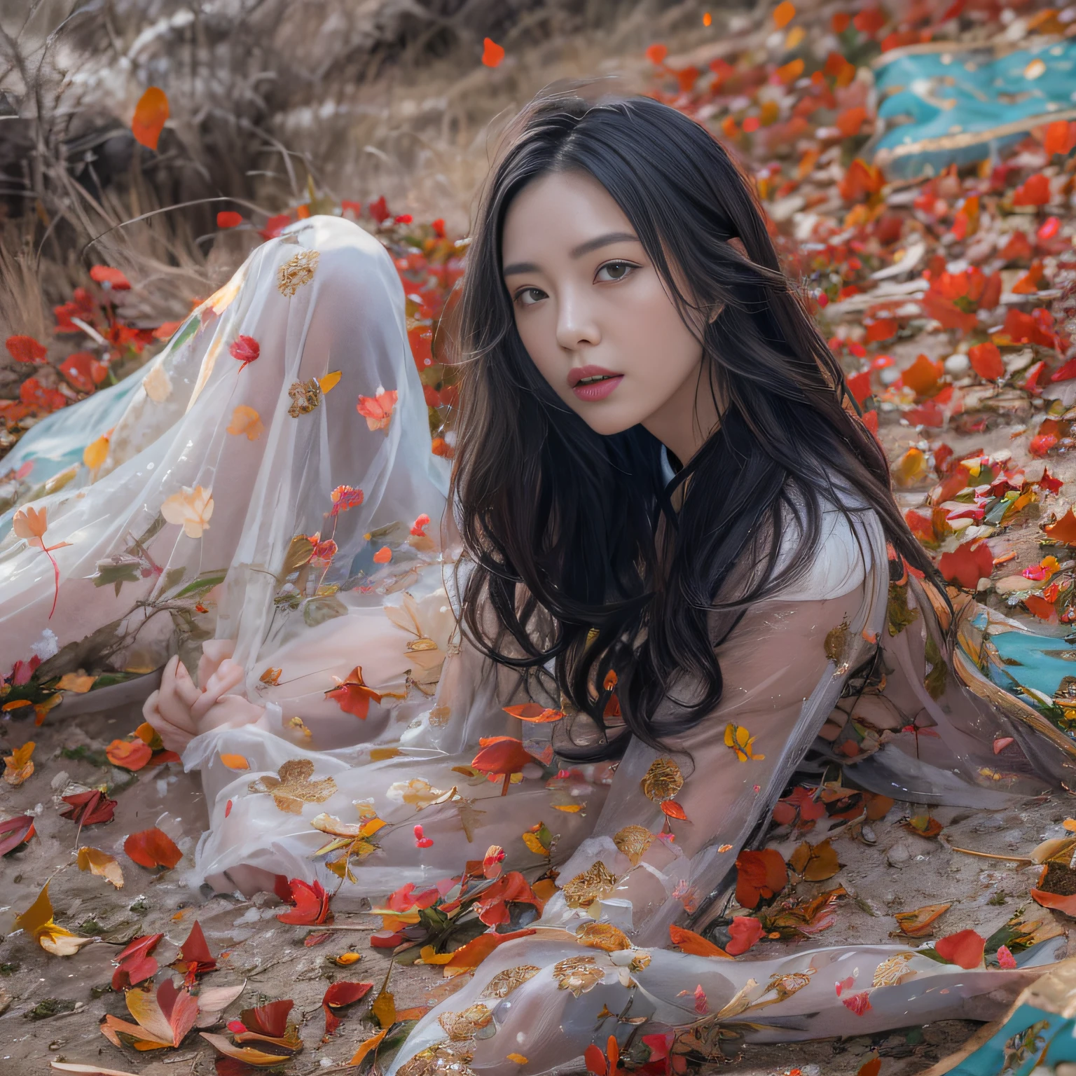 32K(tmasterpiece,K HD,hyper HD,32K)Long flowing black hair,Ponds,zydink, Farbe, Xuzhou ethnic group (Seduce a girl), (Red scarf in the desert), battle posture, Looking at the ground, Long whit hair, Floating hair, Koi print headdress, Chinese Long Sleeve Silver Cheongsam, (Abstract gouache splash:1.2), Pink petals background,Flying tulips(realisticlying:1.4),black colored hair,Falling leaves flutter,The background is pure, hight resolution, detaileds, RAW photogr, Sharp Re, 「Nikon D850 Film」Stock photo of Jeffries Lee 4 Kodak Portra 400 Camera F1.6 shots, Rich colors, Ultra-realistic vivid textures, Dramatic Lighting, Unreal Engine Art Station Trends, Synestil 800,Long flowing black hair,see-through transparent clothes
