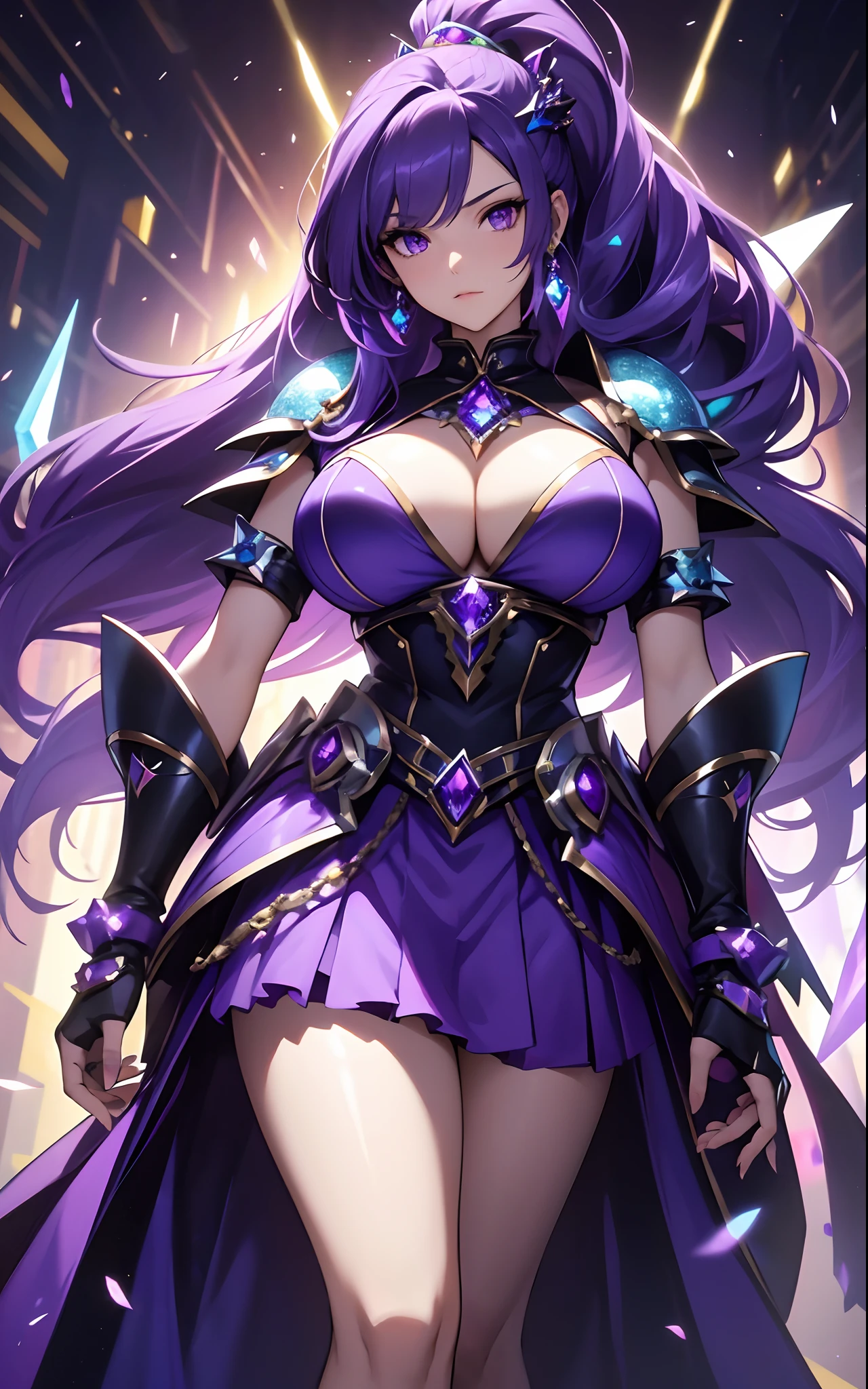 best qualityer，tmasterpiece，Ultimate resolution，downy，Extremely colorful，Colorful，Lady Knight，Royal Sister，Blue-purple armor skirt，Full body set with gemstones，amethyst，huge tit，（Short thin purple hair，High ponytail），Shield set with precious stones，jewelry，Pedras preciosas，Normal posture