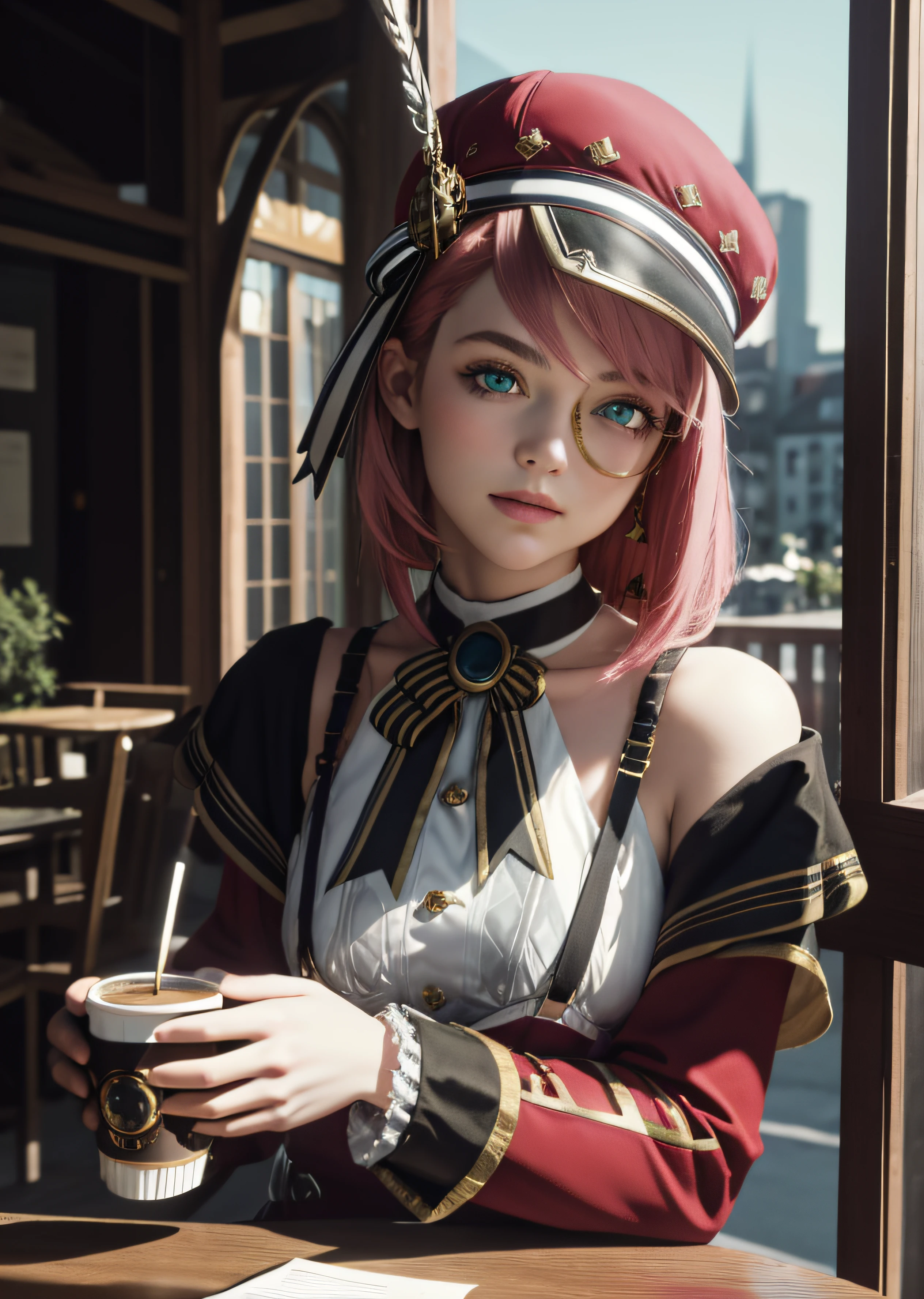 best quality,masterpiece, high res,original, beautiful detailed green_eyes,ultra-detailed, charlotte_\(genshin\), short 1girl 14 years, hat, red headwear, monocle, short pink_hair, white_gloves, red_jacket, long_sleeves, off_shoulder, shirt, bare shoulders, cowboy shot, (Smiling:0.5) (Highly detailed face:1.4), Nikon D850, film stock photograph ,4 Kodak Portra 400 ,camera f1.6 lens ,saturated colors ,hyper realistic ,lifelike texture, dramatic  lighting , Cinestill 800, jour, Vintage lighting, beatiful face, In the city, in a café, he sits at a table and drinks coffee, bokeh, Motion blur, pale skin