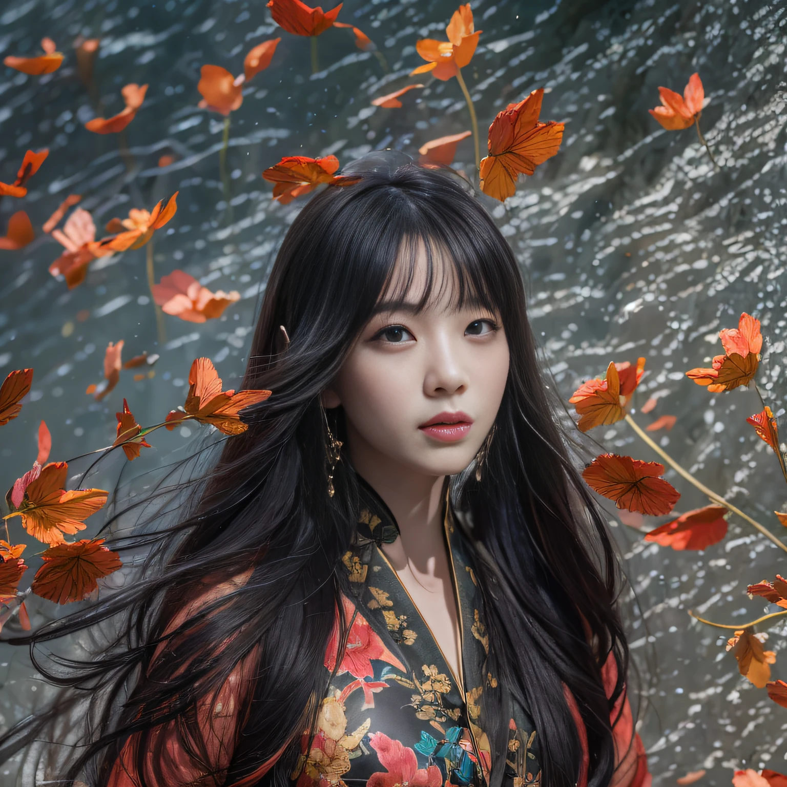 32K(tmasterpiece,K HD,hyper HD,32K)Long flowing black hair,Ponds,zydink, Farbe, Xuzhou ethnic group (Seduce a girl), (Red scarf in the desert), battle posture, Looking at the ground, Long whit hair, Floating hair, Koi print headdress, Chinese Long Sleeve Silver Cheongsam, (Abstract gouache splash:1.2), Pink petals background,Flying tulips(realisticlying:1.4),black colored hair,Falling leaves flutter,The background is pure, hight resolution, detaileds, RAW photogr, Sharp Re, 「Nikon D850 Film」Stock photo of Jeffries Lee 4 Kodak Portra 400 Camera F1.6 shots, Rich colors, Ultra-realistic vivid textures, Dramatic Lighting, Unreal Engine Art Station Trends, Synestil 800,Long flowing black hair,see-through transparent clothes