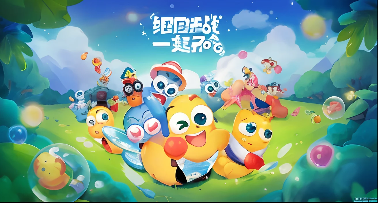 A group of cartoon characters in a field with bubbles, Official artwork, mobile game, Candy worms, official screenshot, promotional art, Official illustration, An anime cover, Mobile game art, background-image, hand painted cartoon art style, offcial art, 🐋 as 🐘 as 🤖 as 👽 as 🐳, advertisement picture, slimes, key art, The cover of the game