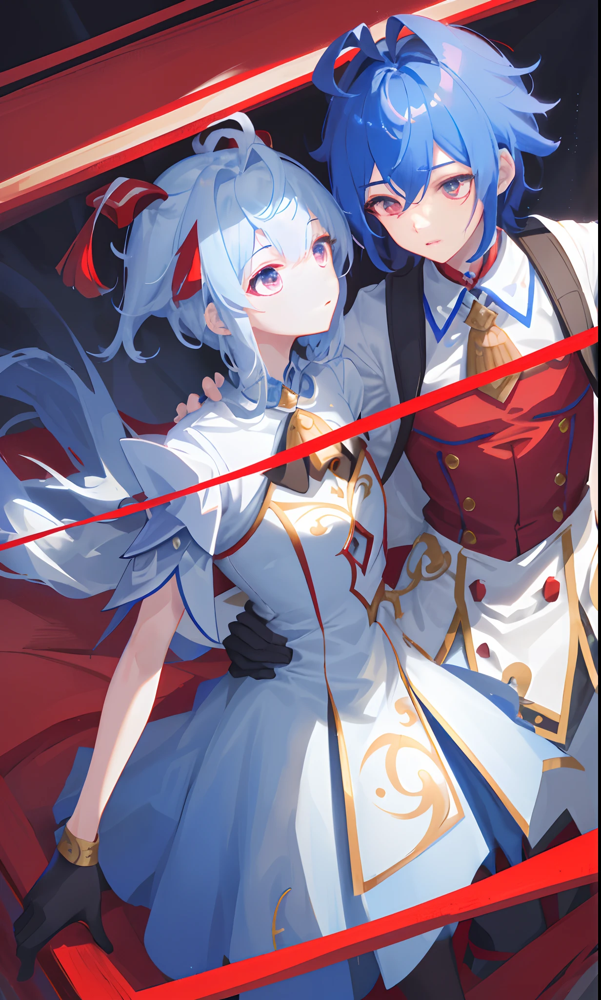 ((tmasterpiece,4k wallpaper,best qualtiy))ganyudef, Be red in the face, In the daytime, simple backgound, blue-sky, short detailed hair, Moody light,light blue hair,light particules,Blue Themes,Busty body,face expressionless,Brilliant,smooth thigh