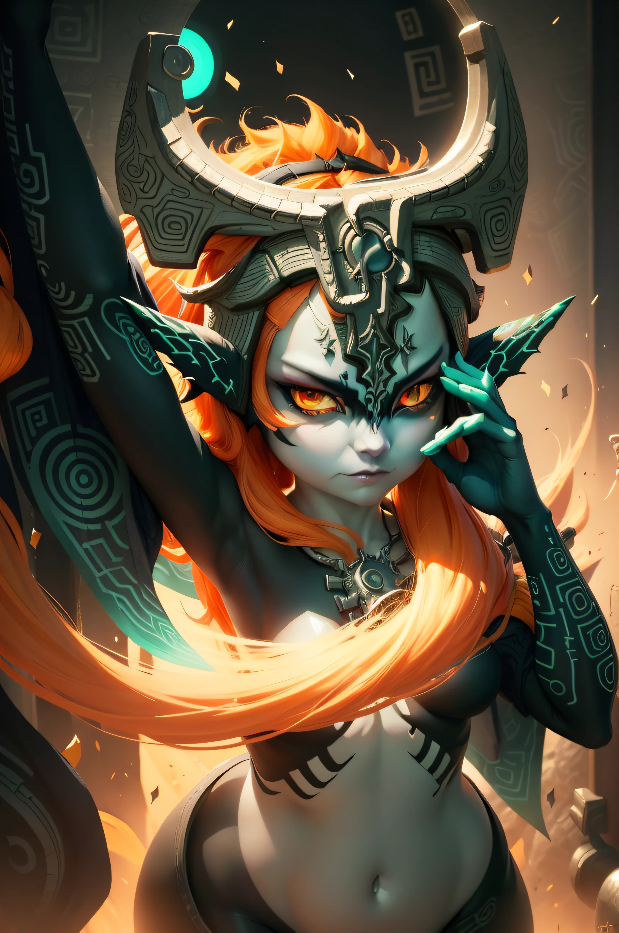 Midna floating over the mirror of twilight, unhappy face1.5, gleeful0.8, ultra high quality, ultra-realistic, masterpiece, 8K, ray tracing, green ancient symbols on skin, glowing skin, Twilight princess, Midna, Black twilight zone background, mirror of twilight, wearing midnas helmet, glowing orange hair