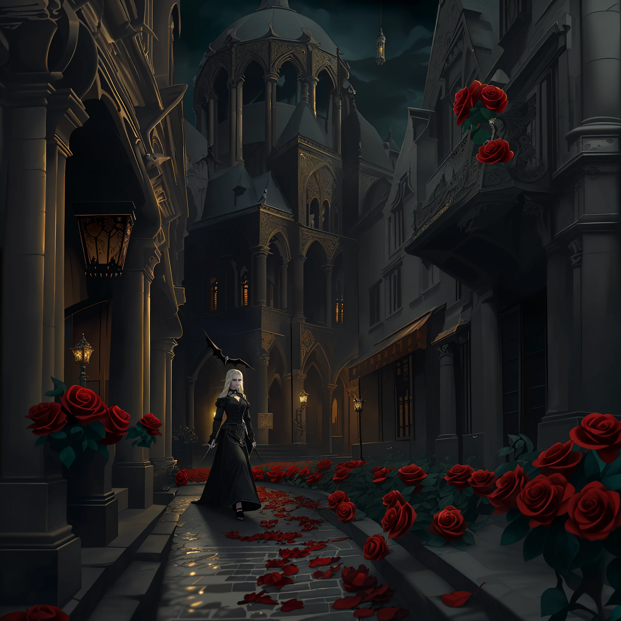 gothic art, dark fantasy art, a picture of a woman walking in a gothic style street at night, medieval street (1.4 intricate details, Masterpiece, best quality) at night (1.4 intricate details, Masterpiece, best quality), several buildings (1.4 intricate details, Masterpiece, best quality), red roses, beautiful woman (1.4 best details, gothic art, Masterpiece, best quality) Ultra Detailed Face (1.4 intricate details, gothic art, Masterpiece, best quality)woman walks in the [[street]] wearing dress (1.4 intricate details, Highly detailed Masterpiece, best quality) Ultra Detailed Face (1.4 intricate details, fantasy art, Masterpiece, best quality) bats flying in the background, dynamic angle, affraid, gothic atmposphere, moon light, wide angle, ultra wide angle, (8k, Photorealistic, Best Quality: 1.4)