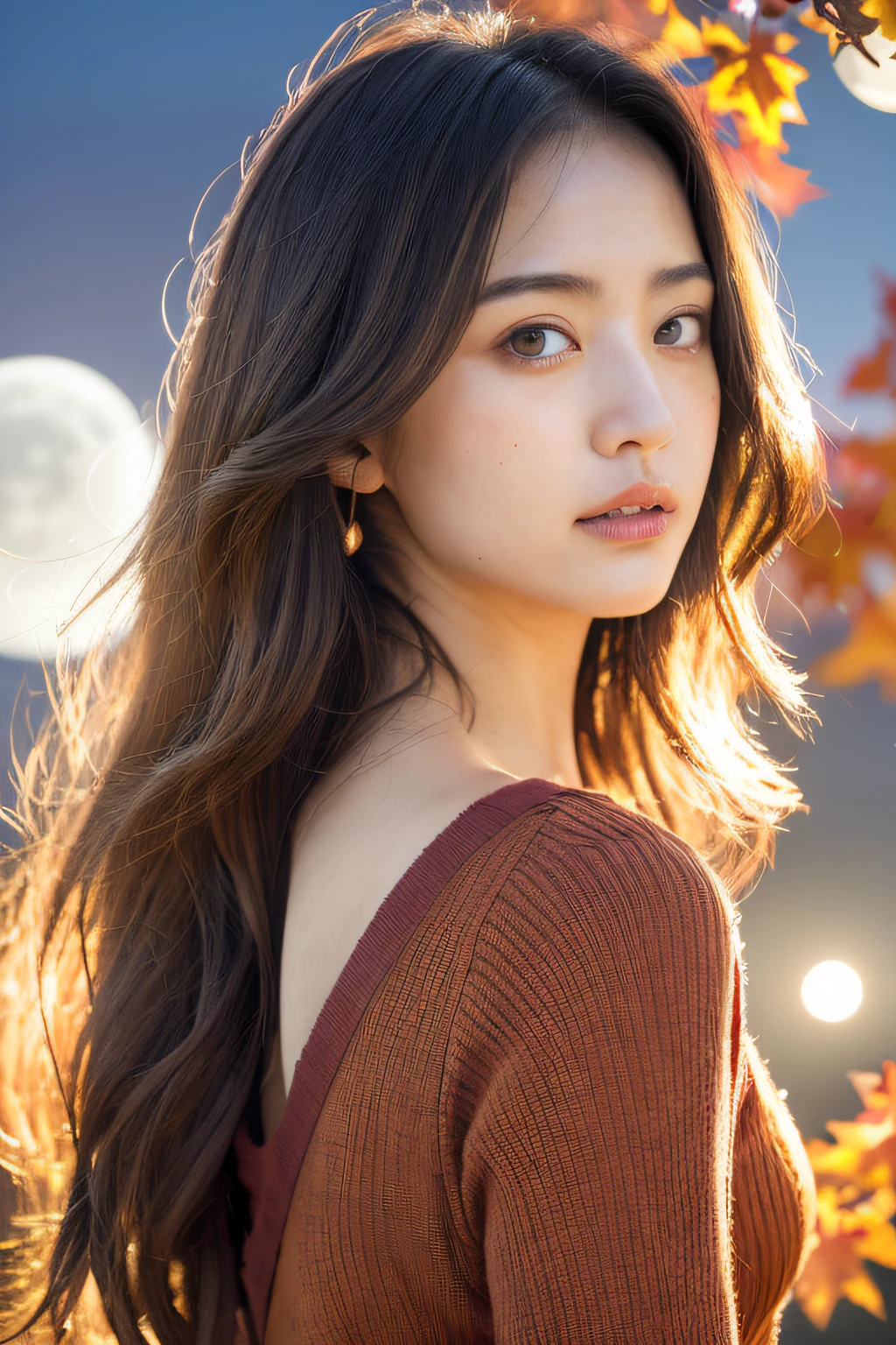 (8K、top-quality、masutepiece、超A high resolution:1.2) (Paul Rubens and Rebecca Guay's style:1.1) (Autumn Full Moon:1.4) Photos of beautiful Japan women、Back lighting、Darker eye makeup、Small face makeup
