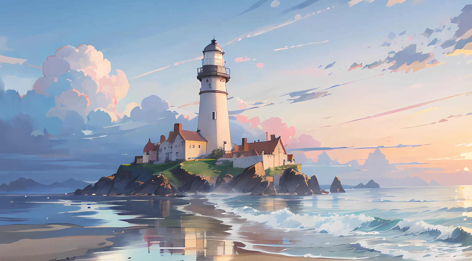 High quality, High detail, Blue sky, beachside，White lighthouse，White clouds,， Glow