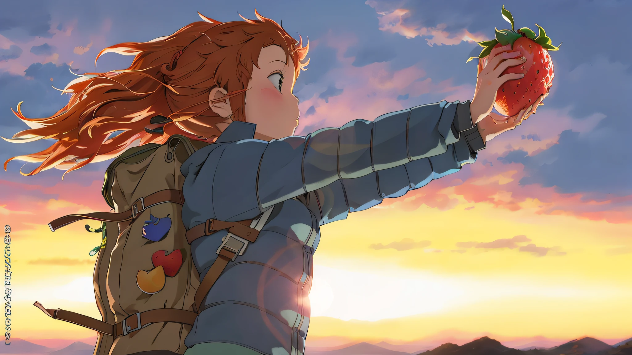 Anime girl holding strawberries in her hand,The background is sunset, high quality anime movie still