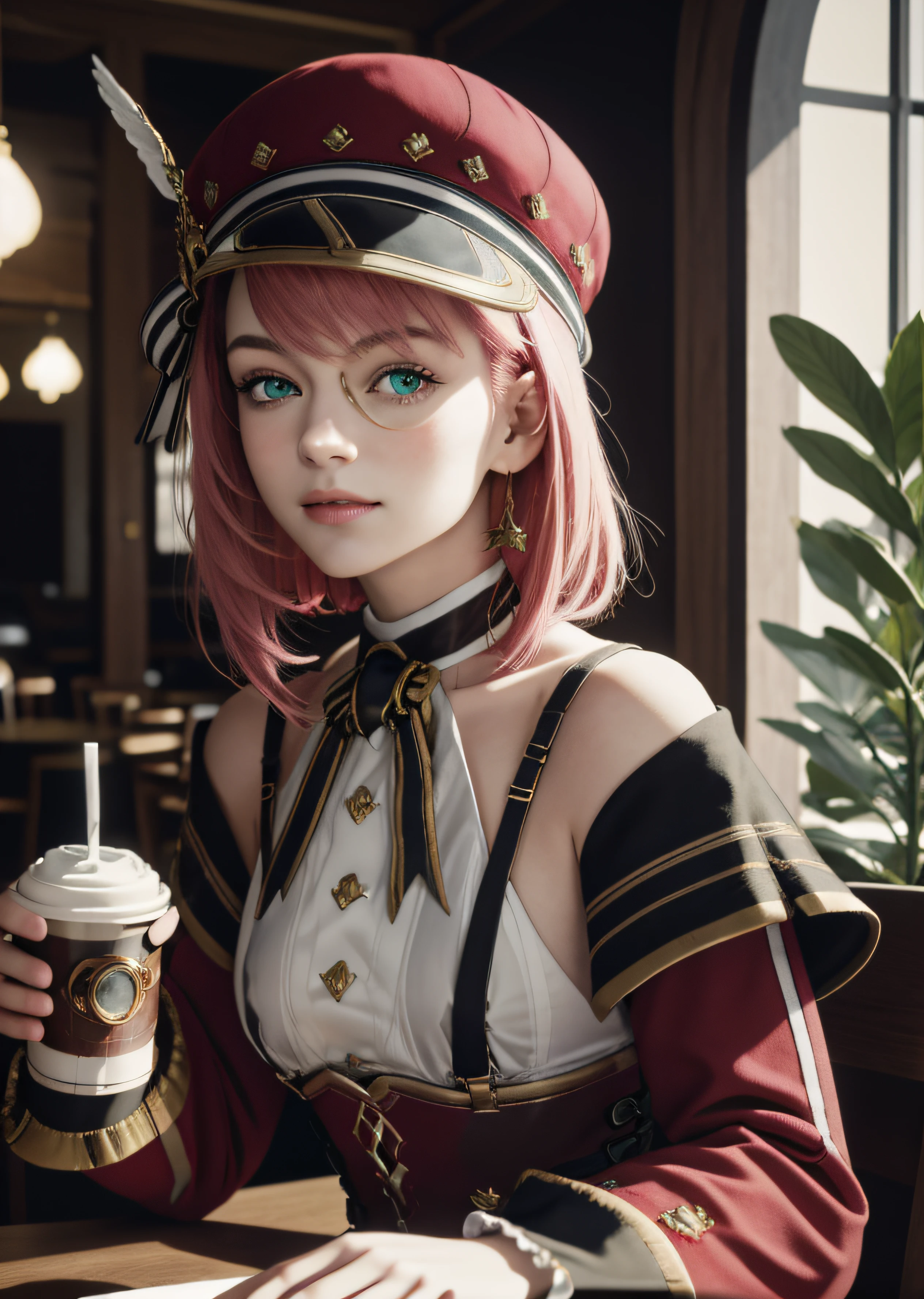 best quality,masterpiece, high res,original, beautiful detailed green_eyes,ultra-detailed, charlotte_\(genshin\), short 1girl , hat, red headwear, monocle, short pink_hair, white_gloves, red_jacket, long_sleeves, off_shoulder, shirt, bare shoulders, cowboy shot, (Smiling:0.5) (Highly detailed face:1.4), Nikon D850, film stock photograph ,4 Kodak Portra 400 ,camera f1.6 lens ,saturated colors ,hyper realistic ,lifelike texture, dramatic lighting , Cinestill 800, jour, Vintage lighting, beatiful face, In the city, in a café, he sits at a table and drinks coffee, bokeh, Motion blur, pale skin