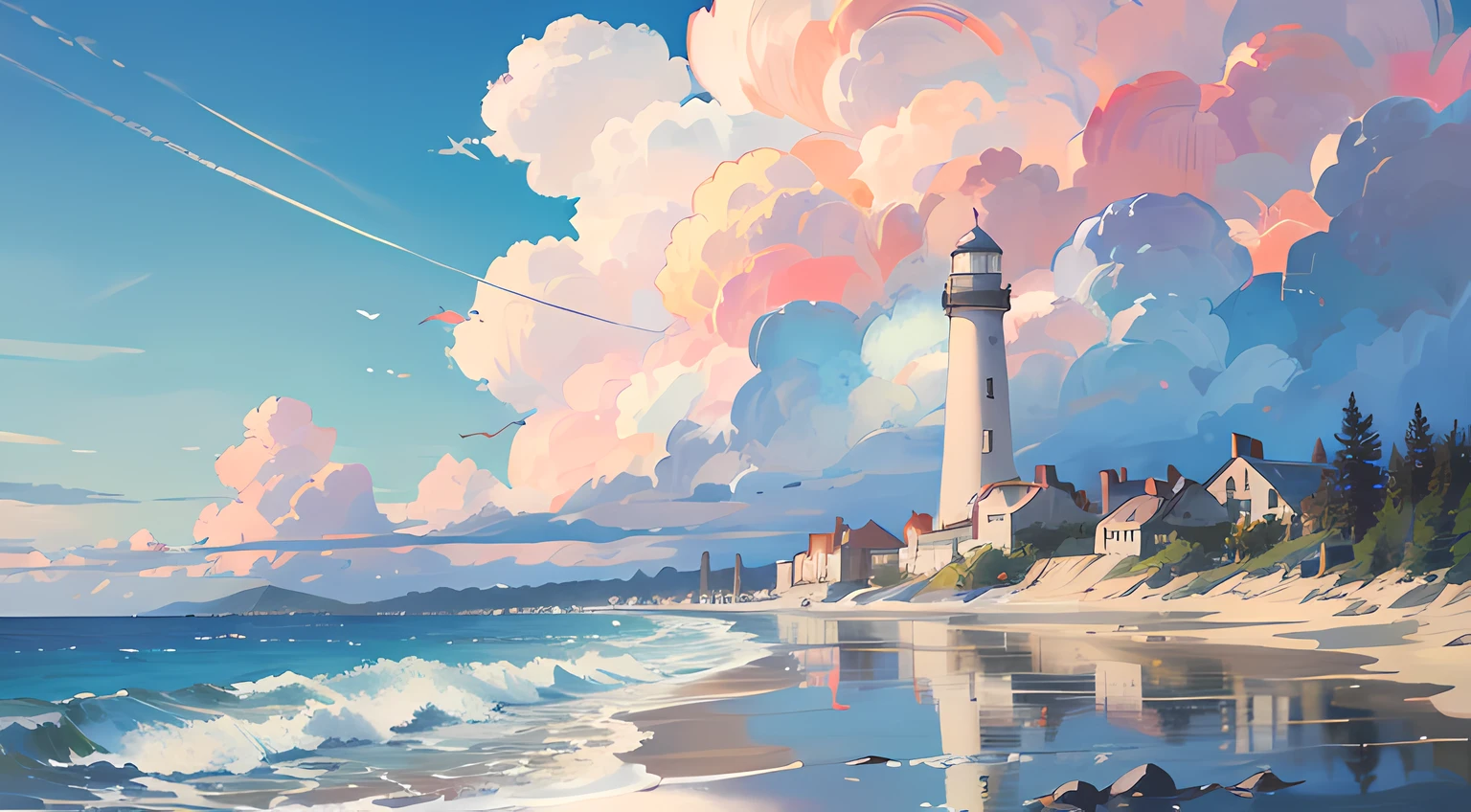 High quality, High detail, Blue sky, beachside，White lighthouse，White clouds,， Glow