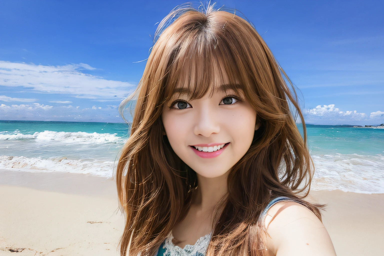 Best Quality, masutepiece, 超A high resolution, (photographrealistic:1.4), selfee, Full body, Stand on the beach near the sea, shoulder length hair, Japan Idols, Cute Japan actress, Beautiful young Japan woman, Young adorable Japan face, Portrait of a Japan idol, beautfull Japanease woman