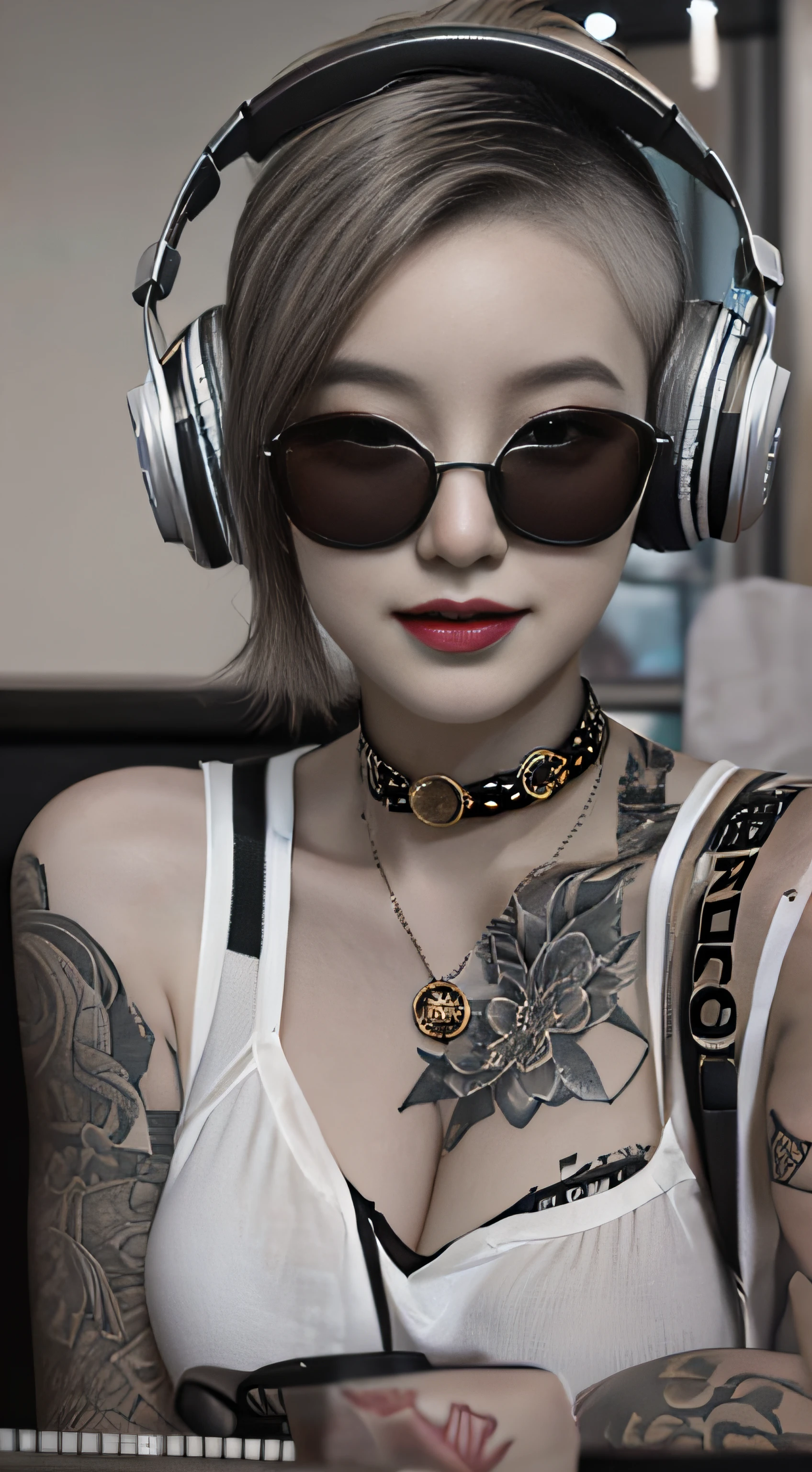 best qualtiy，tmasterpiece，超高分辨率，(fidelity:1.4)，(B&W:1.3)，professinal，photography of，1个Giant Breast Girl，Dee bar，Girl wearing headphones，DJ in the bar，Upper body，A female DJ，Look at the crowd，DJ, DJ booth，DJ Player，stage lighting，(buzz cut:1.1)，(Tattooed with:1.1)，cheerfulness，dyna，Gucci, Versace，cruel，choker necklace，Vistas