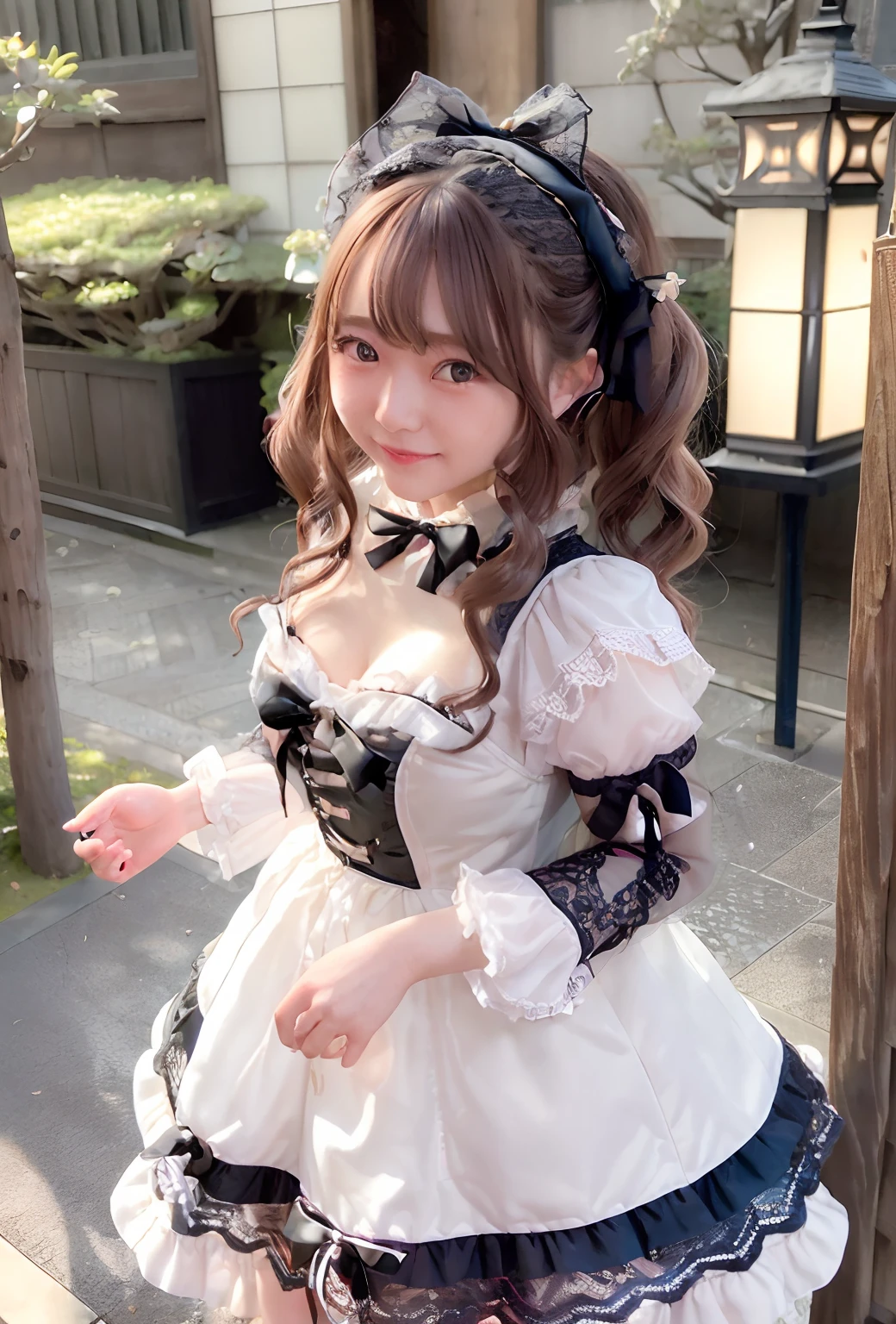 (Realistic:1.3), Finely detailed, quality, Rembrandt lighting, (masutepiece:1.2), (Photorealistic:1.2), (Best Quality), (Detailed skin:1.3), (Intricate details), Dramatic, Ray tracing, 1girl in, japanaese girl, 17 age、Smiling, twin-tail hair, Twin Loop Hair, Parted bangs, large full breasts, jirai fashion, Gothic Lolita Fashion、Short dress, frilld, Lace, bow ribbon, Convoluted, (on tokyo street, Harajuku, A clear day), NSFW,