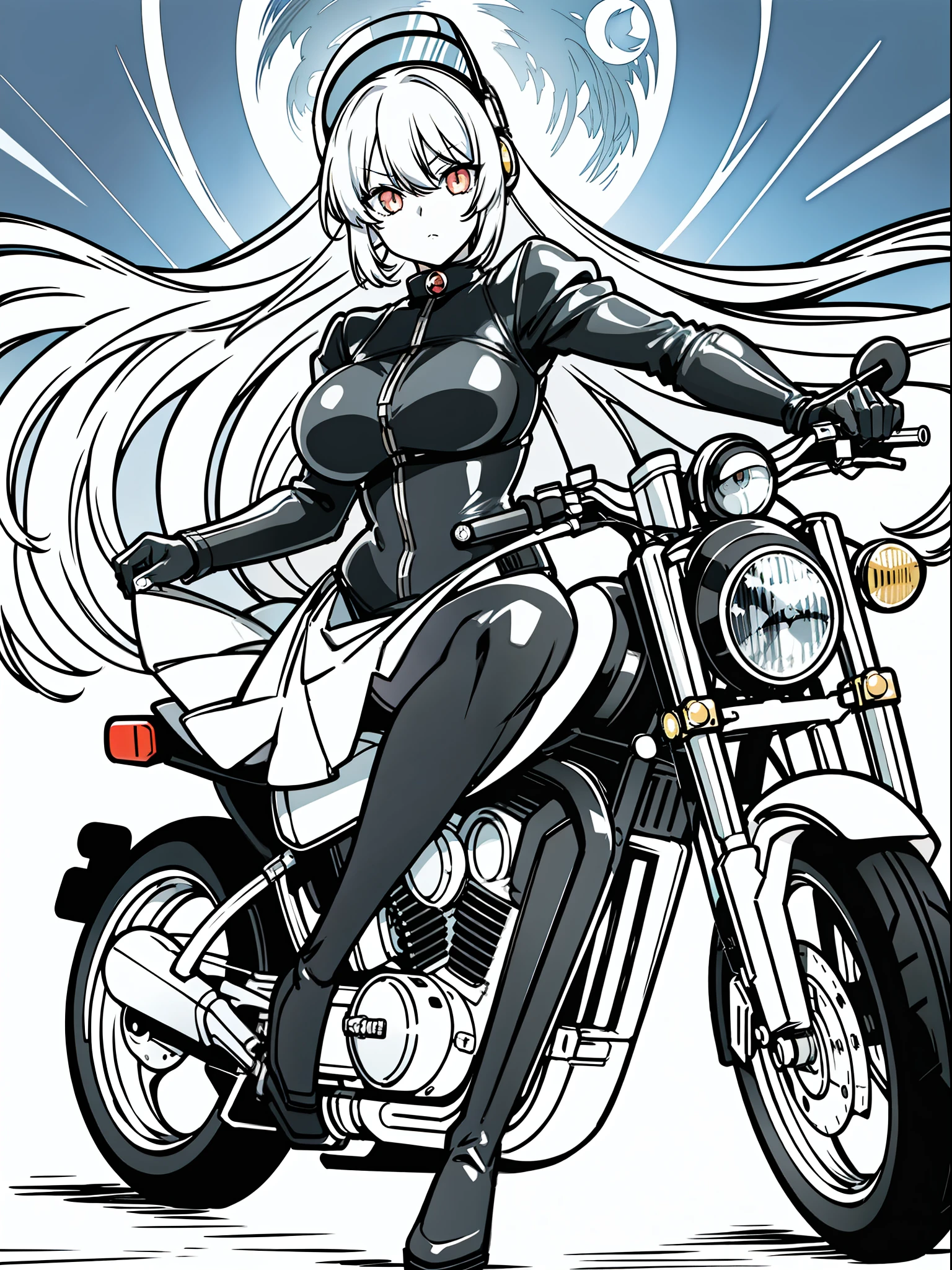 Anime,Anime,(masterpiece:1.5)(highlydetailed)(dark)(on the bridge)(under the moonlight)，(Black and white comics)，(illustration)Holding a motorcycle，The face is dull，glowing light eyes，(full bodyesbian)(solo)(1girl)(longliverhair)(hair loops)(Wing-like bangs)(Dull hair)(leather boots)(hitman)(Lighting in the back)(white hair)(red eyes)(City Bridge)(themoon)（nylon tights）(motorcycle rider)(holding a motorcycle helmet)