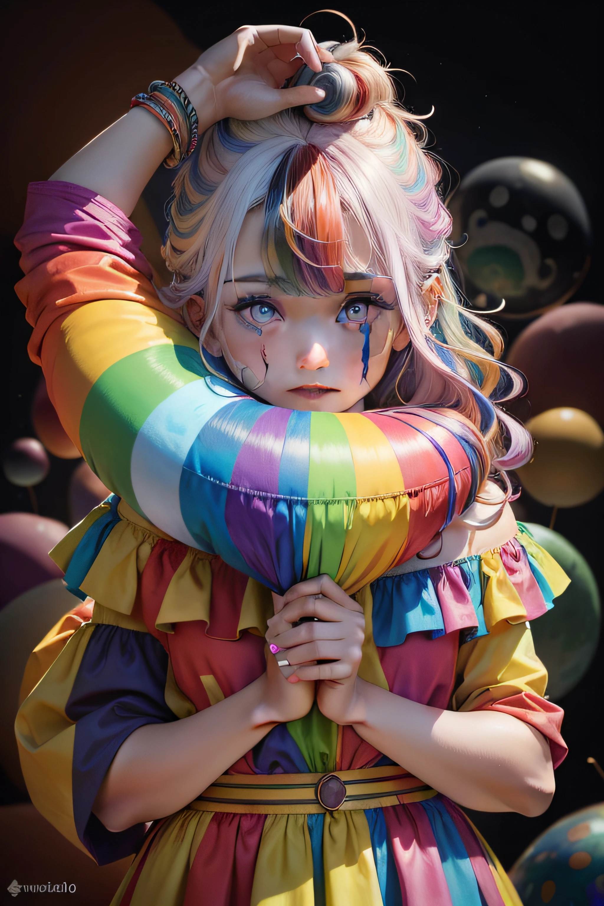 clown,sorrir, HQ, quadrinhos , roupas coloridas , arco iris (cabelos ondulados multicoloridos:1.2),(mundo psicodelico:1.4)