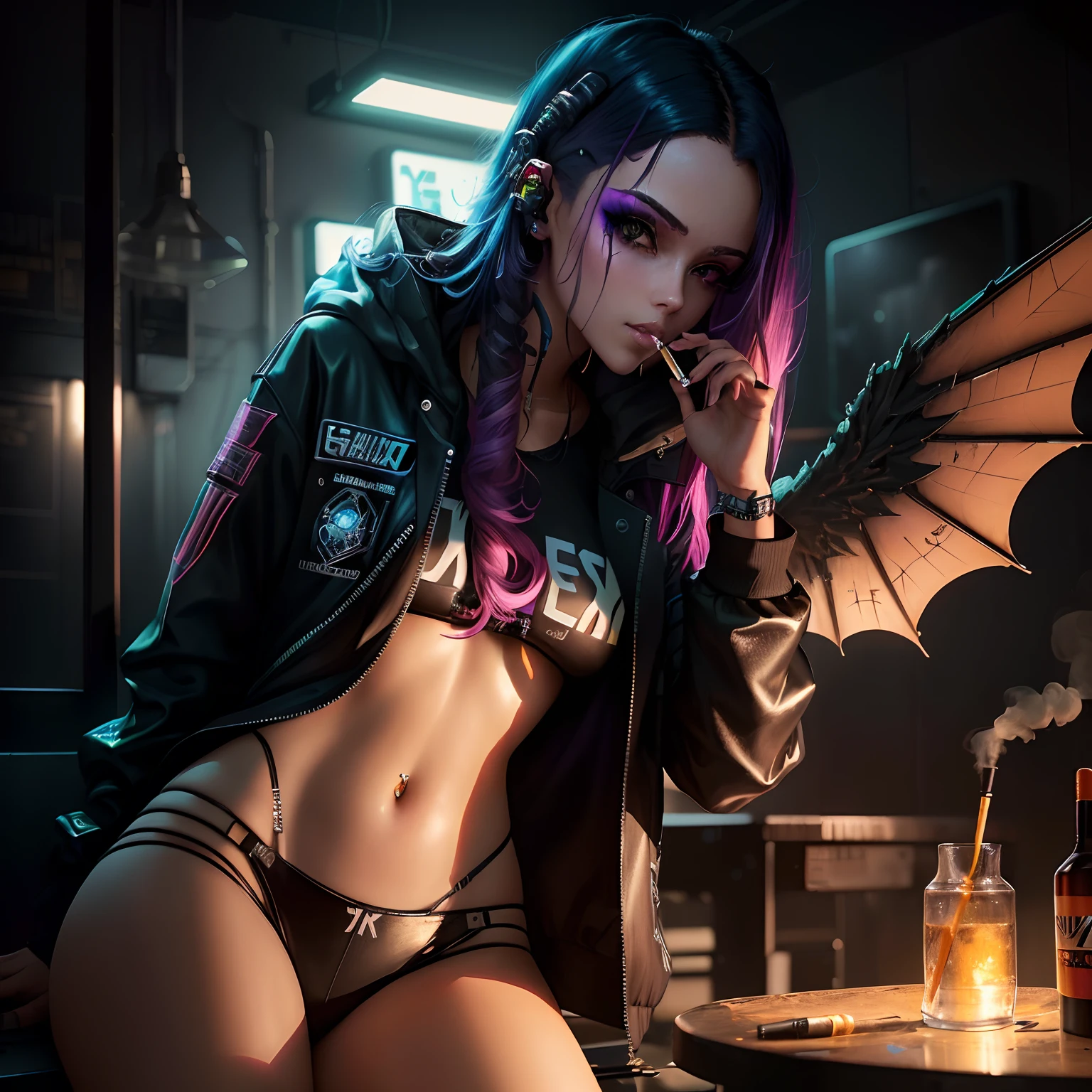 mulher araffed em uma jaqueta de couro fumando um cigarro, Cyberpunk 2 0 e. o modelo , cyberpunk meninaa,vibe, lofi, lofi vibe, coffe, coffee shop, menina de anberpunk feminino, Fantasia sombria cyberpunk sedutora, garota anime cyberpunk, Garota cyberpunk, Garota de anime cyberpunk com capuz, no estilo cyberpunk, arte cyberpunk ultrarrealista 8k, modelo bonito da mulher cyberpunk, Foto cyberpunk, in a cyberpunk setting,