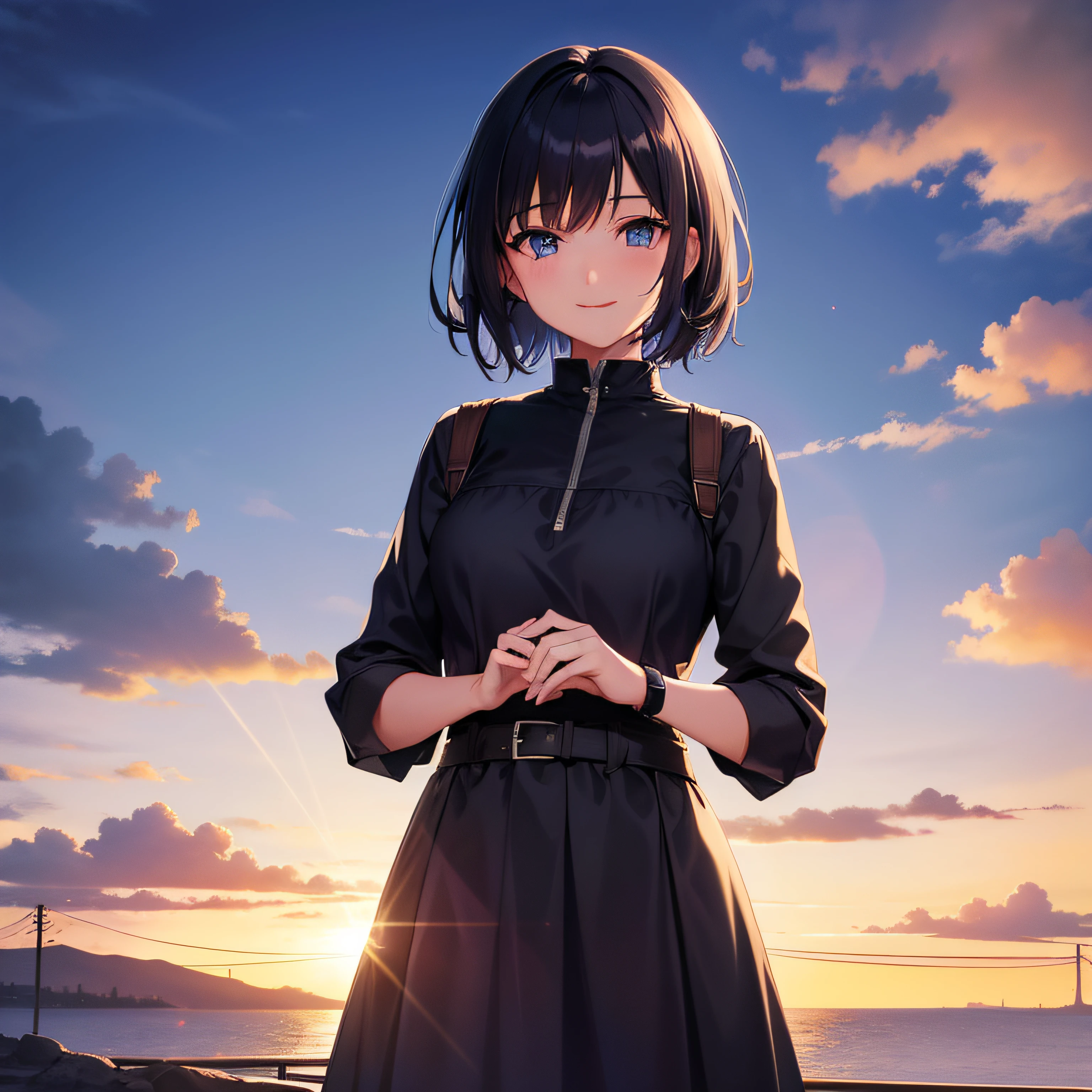 {1girl in,Shorthair, A dark-haired, blue eyess},  {Smiling, A smile, Red face}, concept-art, beautiful anime scene, Beautiful anime scenery, top-quality, ​masterpiece