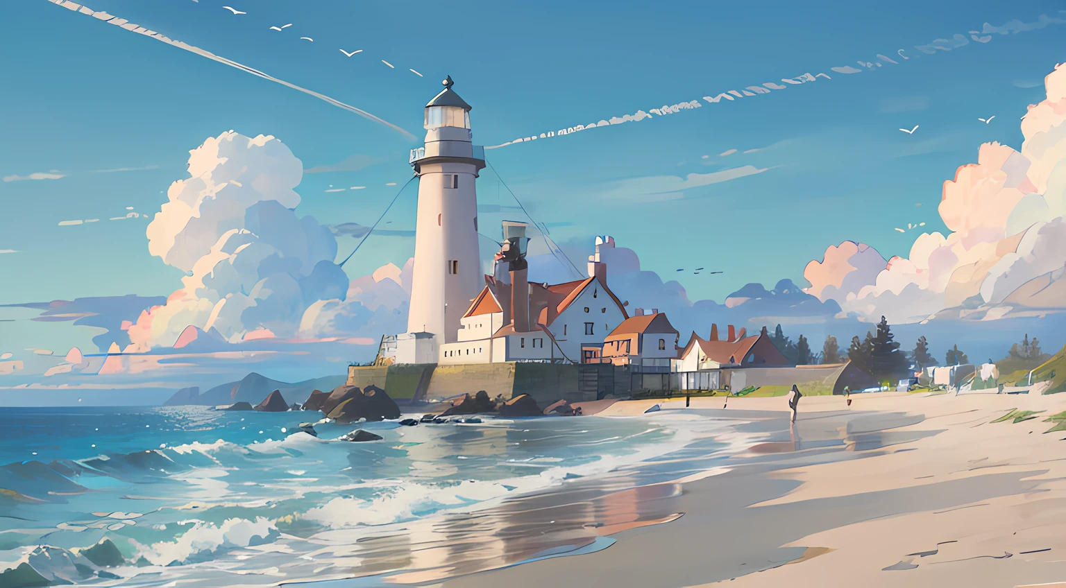 High quality, High detail, Blue sky, beachside,White lighthouse,White clouds,, Glow