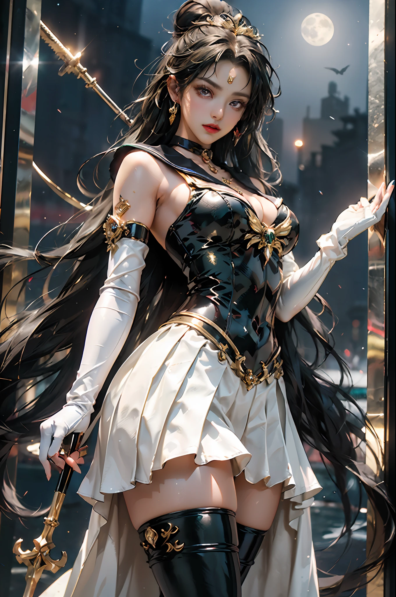 ful:1.3、to stand、frombelow、((battle posture))、Dynamic Pose of SEXY Model、dynamic ungle、

Holds a large key-shaped long staff,((Dark skin:1.5)),(maternal,house wife,1 female,)、40 years、​masterpiece、3D、realisitic、Ultra Micro Photography、top-quality、Ultra detailed CG unity 8k wallpapers、(Sailor Pluto,Single Hair Pan Tiara Sailor Senshi Uniform Skirt Gloves),((Sailor Pluto uniform,SetsunaMeiou, Luxurious golden tiara on forehead:1.4、Metallic black pleated mini skirt:1.2、Huge dark brown bow on the chest、Black gloves on elbows、Large collar in black、Red brooch,Luxurious gold decoration,Key Chase accessories on the waist))、intricate detailes、((single ponytail,Incredibly long green very long hair、Glossy beautiful straight long green very long hair:1.2)),(Red Eyes,haar_Bun, meishaonv)、(Sailor Senshi Uniform、Bare upper arms:1.2、Sleeveless,Long white latex gloves with luxurious gold decoration:1.3、very large dark brown bow behind the waist:1.1、 Cleavage is sexy and boldly large、Golden ring-shaped earrings,Long knee-high boots in shiny black with luxurious gold decoration), (hmjupiter,Ponytail, tiarra, Jewelry, Sailor Senshi Uniform, Choker, elbow groves, ),I have a giant key wand,(Thin and fitting high-gloss silver-white holographic leather:1.3,Bold and sexy slender silver white high leg gravette swimsuit)、 ((Very pretty adult face、Details of face:1.5、Bright red eyes、Beautiful expression、beautidful eyes、shinny eyes、thin lips:1.3、thin and sharp pale eyebrows,、long dark eyelashes、Double eyelashes))、Luxurious huge white wings、muscular muscles:1.2、 Muscular abs:1.2、a small face、Huge breasts 、Large adult woman,tall,Tall and glamorous perfect proportions、thick thighs,Big ass,Visible Pore、perfect hand:1.5、highly dramatic picture、Strong natural light、sunlights、exquisite lighting and shadow、DSLR Harp、Maximum clarity and sharpness、(Stargate,Dynamic space-time divinity,Giant clock sanctuary, Divinity of the underworld,Lightning space background, Pluto、moonlit glow、Moving background)
