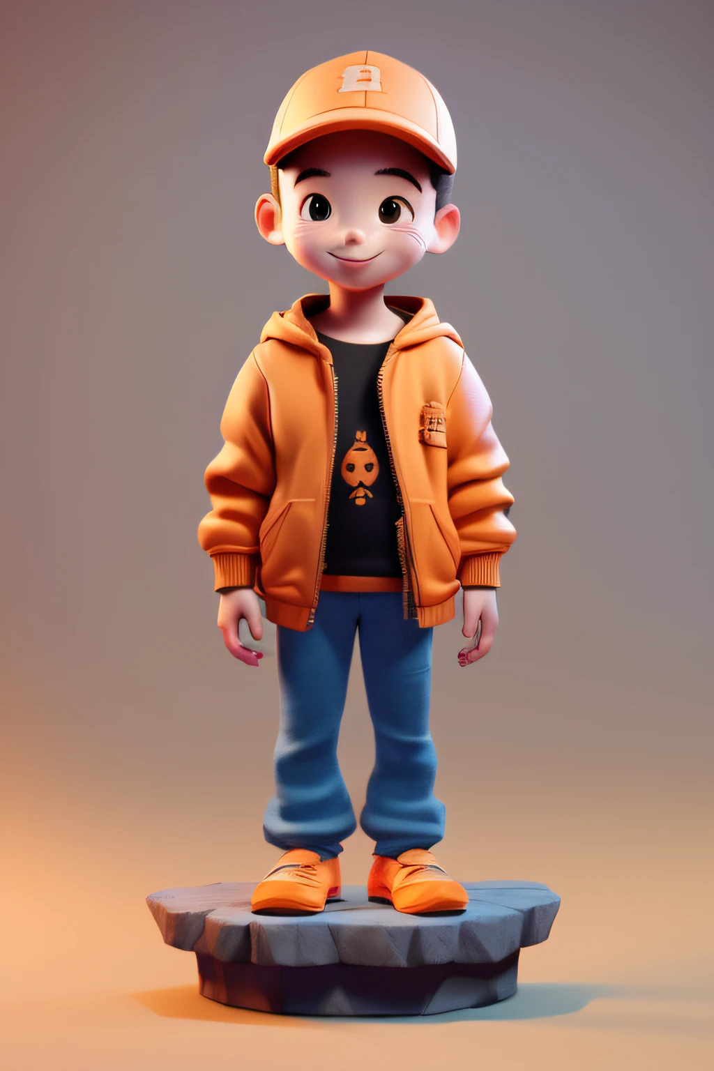 3DCHARACTER (menino feliz )fundo simples (roupa: orange pants, casaco laranja, ORANGE HAAT)