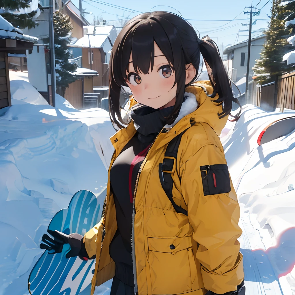 masutepiece, Best Quality, 8K_Wallpaper, (Beautiful eyes), ((Snow is piled up)), Cute, (Yellow Wear、Outerwear is yellow、Red below), (Slopes with large trees),1girl in,small tits,1 schoolgirl、Smile,(Slopes with large trees)、(((Snow as far as the eye can see)))、Ski resort on a sunny day、snow board、(((Girl Standing On Mountaintop)))(((Wear a snowboard)))、