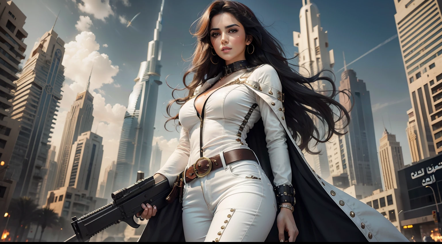 Arab movie poster, beautiful woman, medium dark long hair, white jeans, belt, rivets, holster, with big gun in hand, rivets, explosions, dubai, skyscrapers, just one body