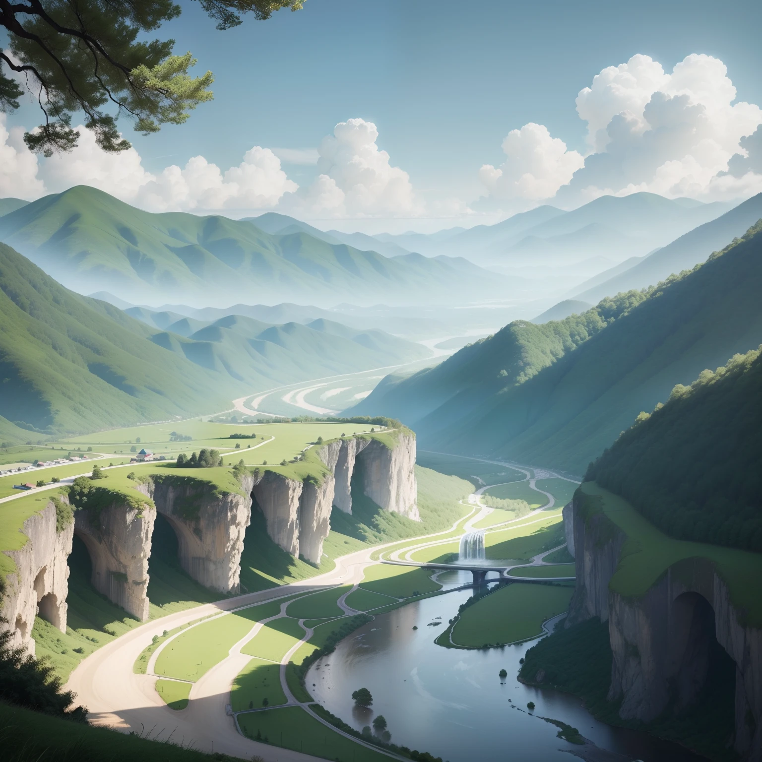 valley clear sky green trees green grass river distant mountains white clouds The background is the overall appearance of Cai Xukun Cai Xukun The highest quality