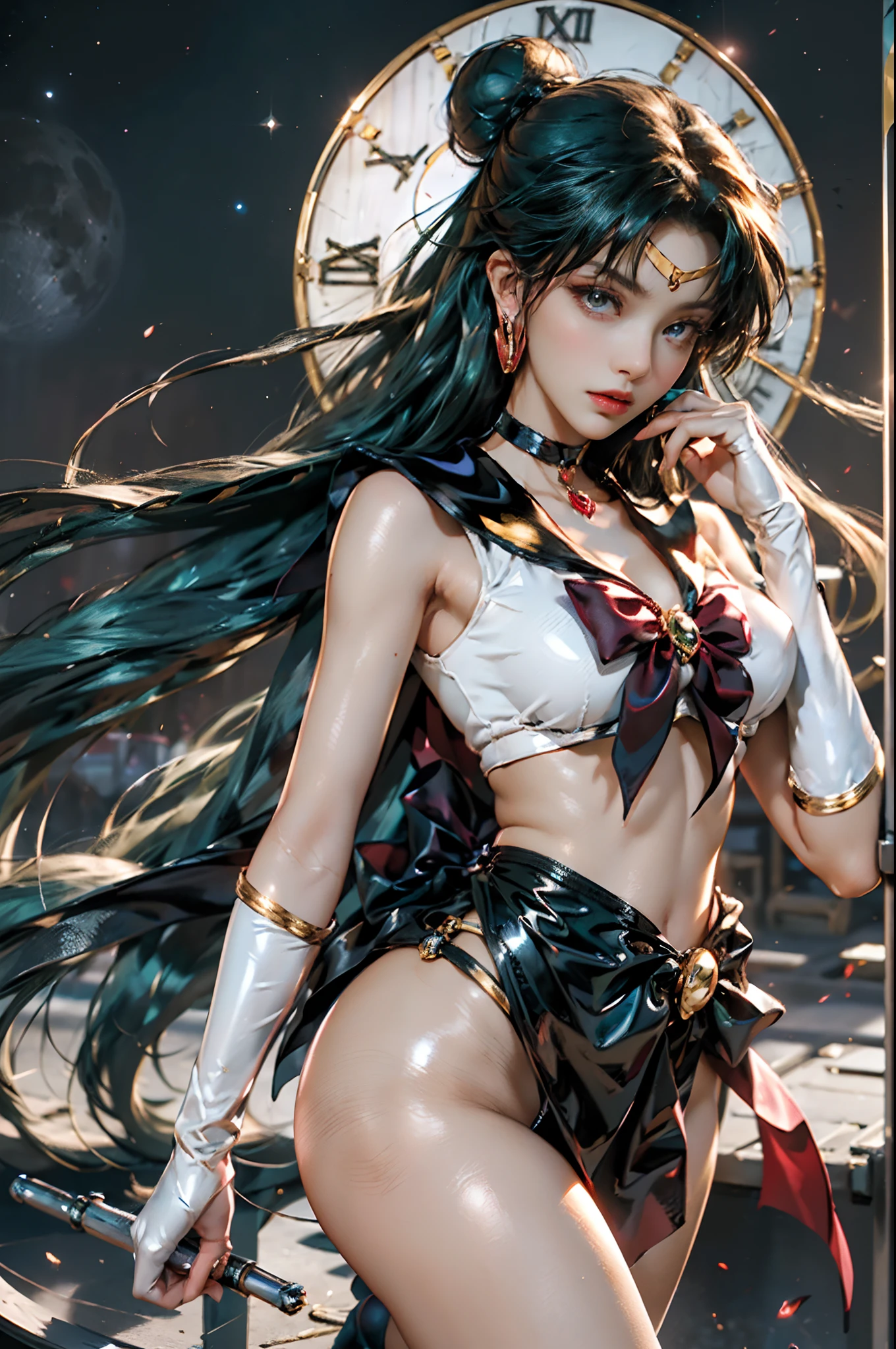 ful:1.3、to stand、frombelow、(battle posture)、Dynamic Pose of SEXY Model、dynamic ungle、
Holds a large key-shaped long staff,((Dark skin:1.5)),(maternal,house wife,1 female,)、40 years、masterpiece、3D、realisitic、Ultra Micro Photography、top-quality、Ultra detailed CG unity 8k wallpapers、(Sailor Pluto,Single Hair Pan Tiara Sailor Senshi Uniform Skirt Gloves),((Sailor Pluto uniform,SetsunaMeiou, Luxurious golden tiara on forehead:1.4、Metallic black pleated mini skirt:1.2、Huge dark brown bow on the chest、Black gloves on elbows、Large collar in black、Red brooch,Luxurious gold decoration,Key Chase accessories on the waist))、intricate detailes、((single ponytail,Incredibly long green very long hair、Glossy beautiful straight long green very long hair:1.2)),(Red Eyes,haar_Bun, meishaonv)、(Sailor Senshi Uniform、Bare upper arms:1.2、Sleeveless,Long white latex gloves with luxurious gold decoration:1.3、very large dark brown bow behind the waist:1.1、 Cleavage is sexy and boldly large、Golden ring-shaped earrings,Long knee-high boots in shiny black with luxurious gold decoration), (hmjupiter,Ponytail, tiarra, Jewelry, Sailor Senshi Uniform, Choker, elbow groves, ),I have a giant key wand,(Thin and fitting high-gloss silver-white holographic leather:1.3,Bold and sexy slender silver white high leg gravette swimsuit)、 ((Very pretty adult face、Details of face:1.5、Bright red eyes、Beautiful expression、beautidful eyes、shinny eyes、thin lips:1.3、thin and sharp pale eyebrows,、long dark eyelashes、Double eyelashes))、Luxurious huge white wings、muscular muscles:1.2、 Muscular abs:1.2、a small face、Huge breasts 、Large adult woman,tall,Tall and glamorous perfect proportions、thick thighs,Big ass,Visible Pore、perfect hand:1.5、highly dramatic picture、Strong natural light、sunlights、exquisite lighting and shadow、DSLR Harp、Maximum clarity and sharpness、(Stargate,Dynamic space-time divinity,Giant clock sanctuary, Divinity of the underworld,Lightning space background, Pluto、moonlit glow、Moving background)
