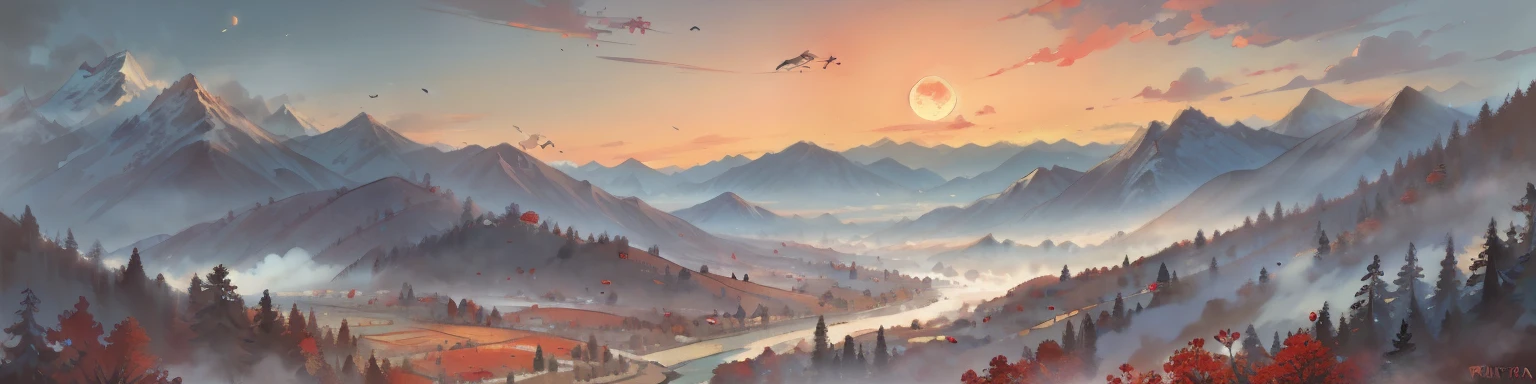 A painting of flowers and birds, the painting is a lot of flowers blooming on the ground, mountains and rivers, woods, hills, a red full moon in the sky, (do not appear figures)