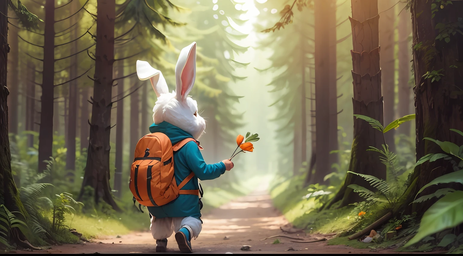 "🐇Crie uma cena encantadora com um coelho feliz vestido de explorador em uma floresta exuberante. he is all alone, holding a carrot in his hand and carrying a camping backpack.🌳"