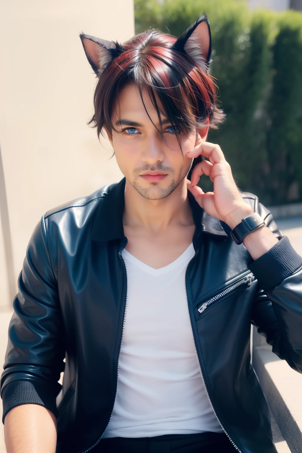 1boy, looking at viewer, short hair, blue eyes, shirt, black hair, red eyes, animal ears, jacket, upper body, red hair, open clothes, wings, cat ears, open jacket, black jacket, black shirt, heterochromia, feathered wings, angel wings, white wings, leather, single wing, leather jacket, sri_lankan