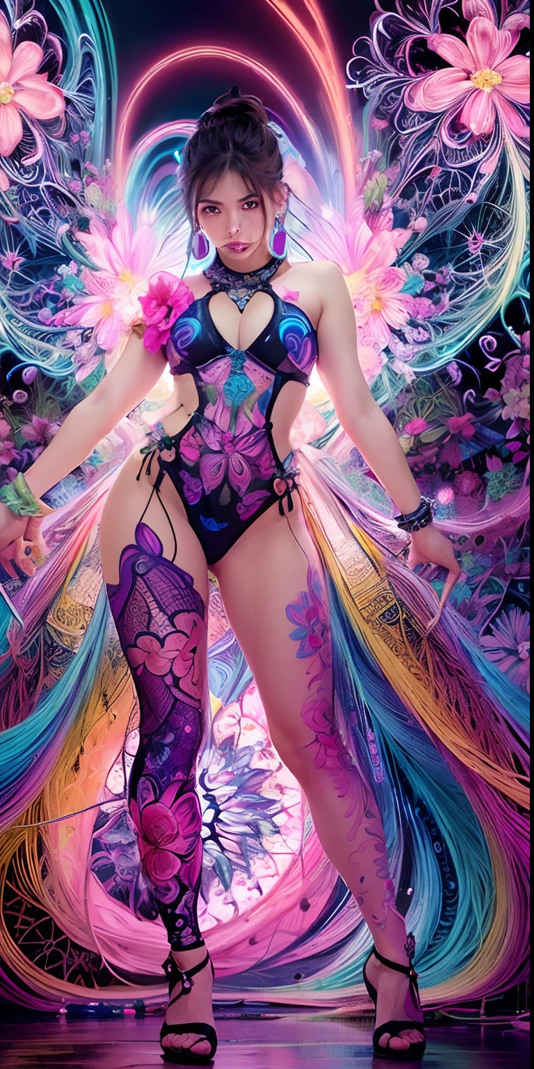 masterpiece, top quality, best quality,neon official art, beautiful women realistic and aesthetic:1.2), (1girl:1.3), extremely detailed,(fractal art:1.1),(colorful:1.1)(flowers:1.3),highest detailed,(zentangle:1.2), (dynamic pose), (neon abstract background:1.3), (shiny skin), (many colors:1.4), ,(earrings:1.4), neon ,full body