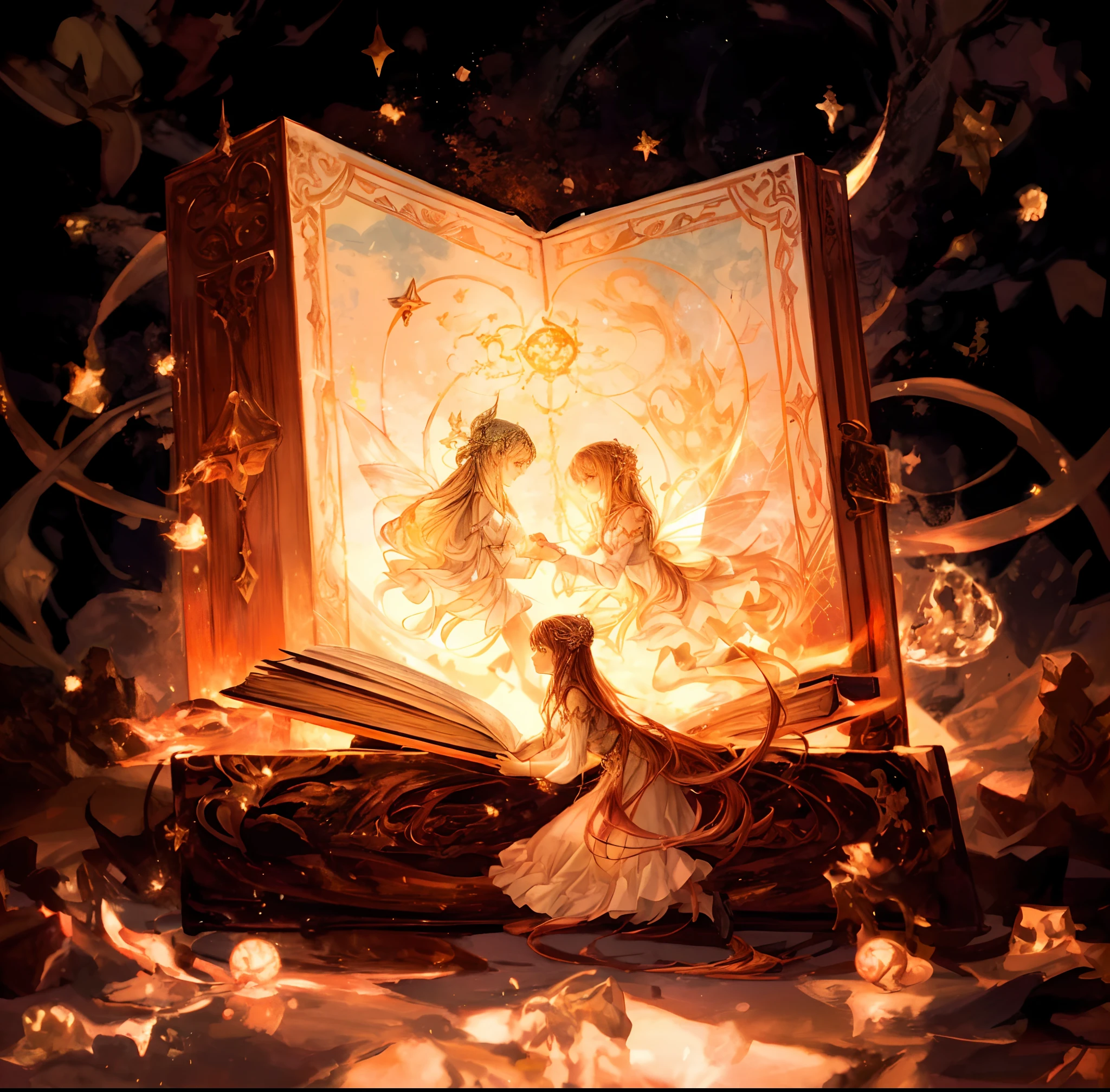 lighted book with a fairy scene inside and fairy lights around, artbook artwork, fantasy book illustration, fairytale artwork, magic book, concept art magical highlight, artbook, storybook art, intricate and epic composition, holy fire spell art, anime fantasy illustration, anime art nouveau cosmic display, infinite celestial library, magical atmosphere + masterpiece, epic light novel art cover