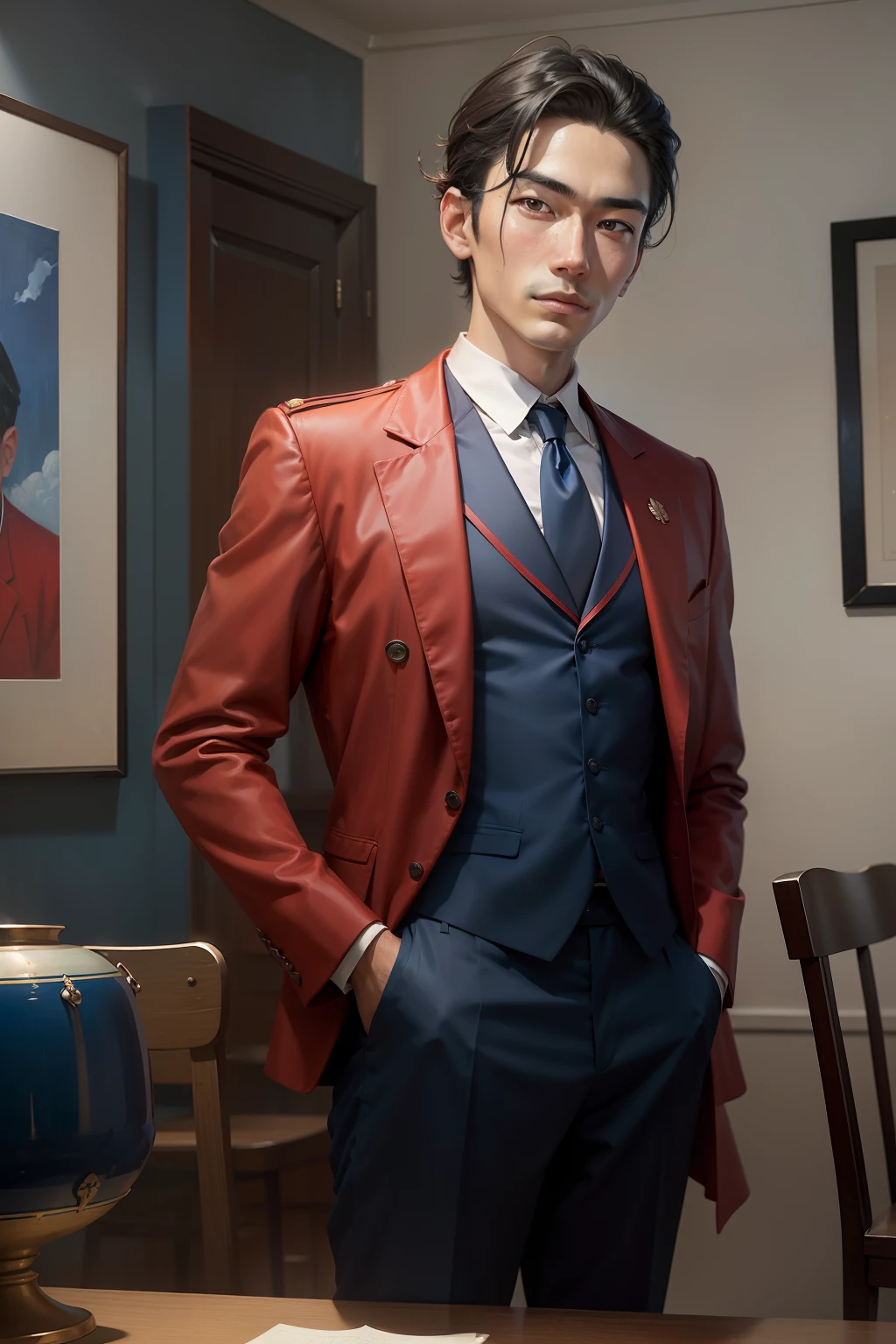 Picture of a man in a blue-red uniform, Portrait in the style of Kraol, inspired by Fang Congyi, based on Bettina Heinen-Ayeh, based on Chaim Soutine, based on Ito Ogura Yonesuke, based on Giovanni Giacometti, inspired by Erich Heckel, inspired by Ferdinand Hodler