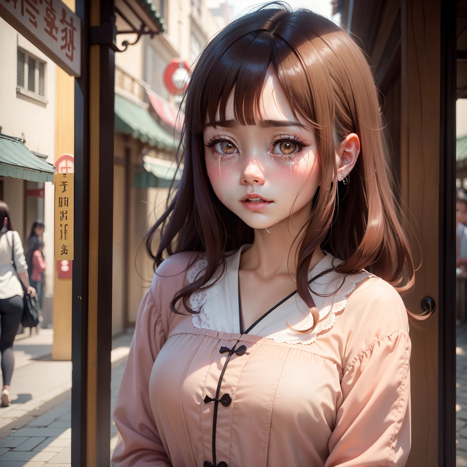 Sad girl crying and laughing, brunette color hair,dimple, Big eyes, 二重まぶた,China-style,heart-broken,