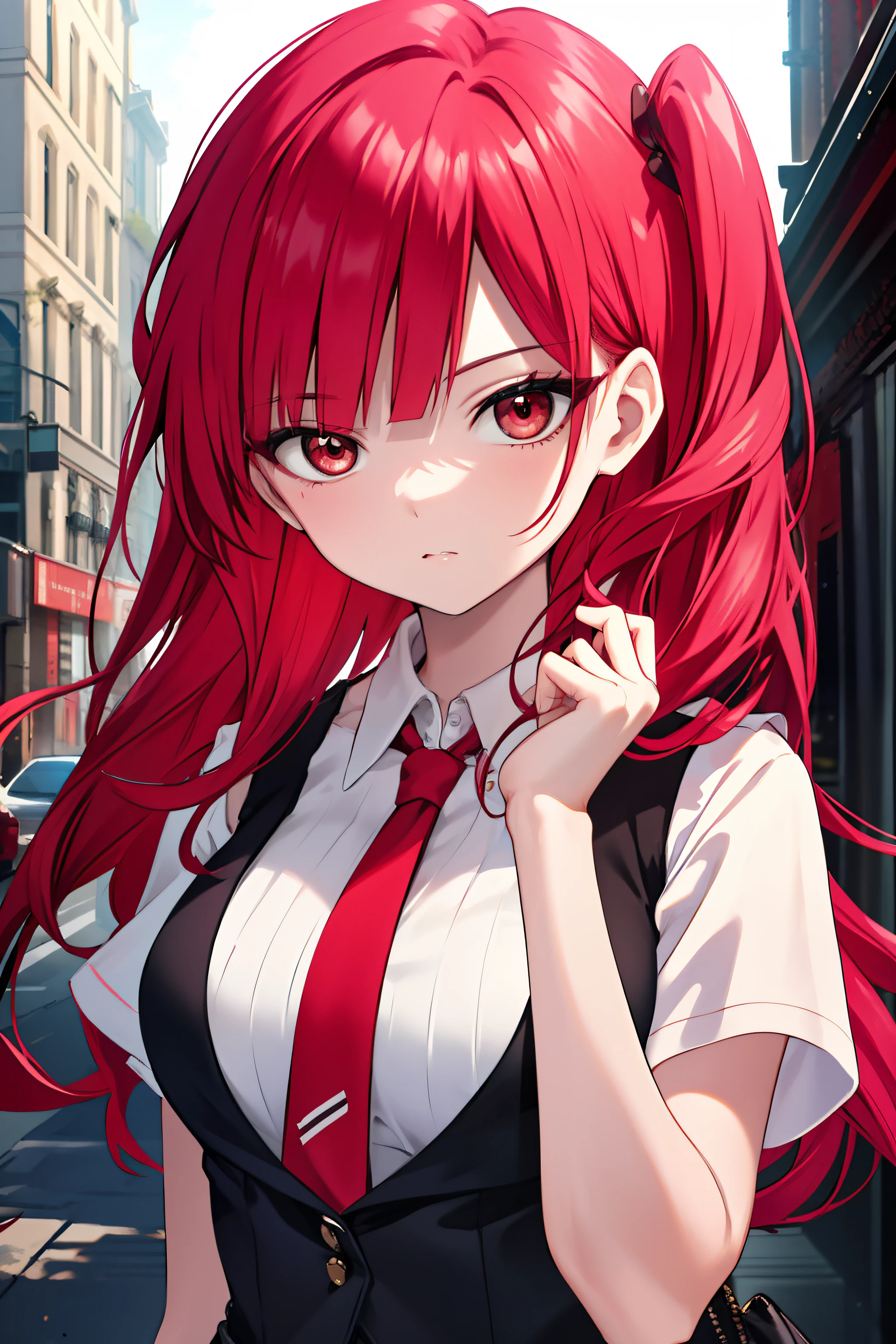 Masterpiece, Best quality, High quality, 1girll, Solo, view the viewer, Upper body, Mojana_maggie, 1girll, Red hair, Long hair, Red eyes, vests,（cropped shoulders：1.3）， （partly_Unbuttoned：1.2）