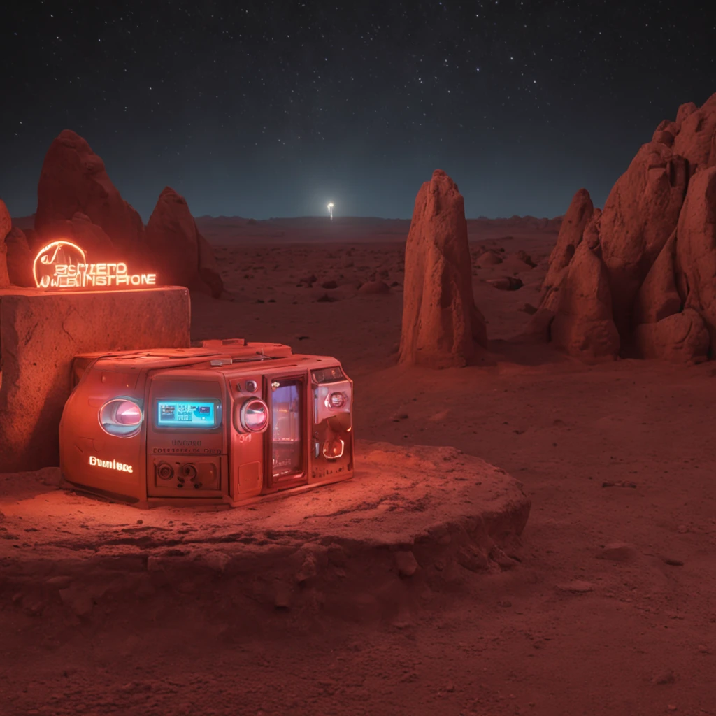 Mars Neon Light Station,Stereo equidistance,starlights,dingdall effect,Light and shadow intensification,3D modeling,Four-dimensional model,Virtual Engine,rendering,Studio lighting,The light shines,fantasy atmosphere,vibrant with colors,8K,Surface reflected light
