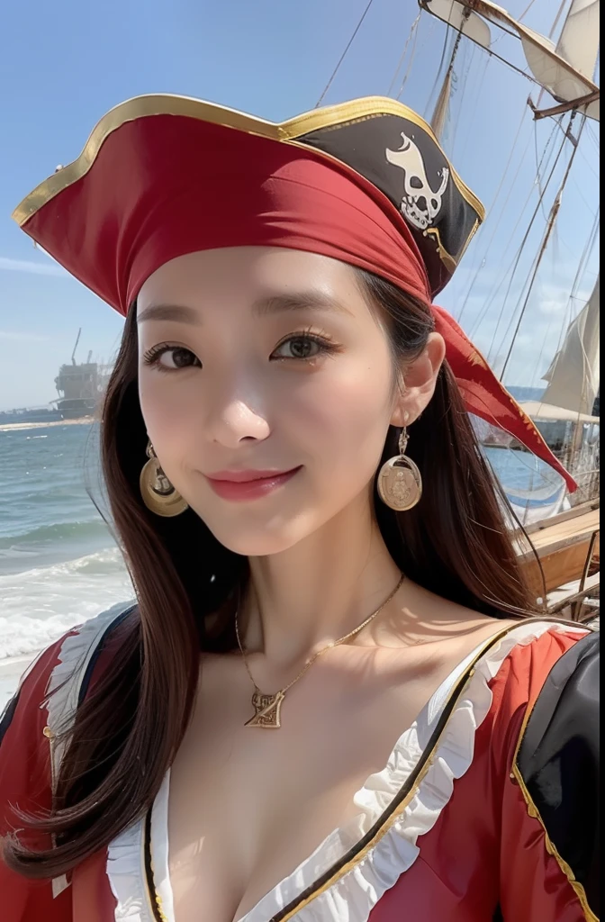 top-quality、masterpiece、Contrasting lighting、
Angle from below、Gray ash hair、Big eyes、large lips、short-haired、long lashes、Slender body、Skin baked in a tanning salon:1.5、(Dark eyeliner:.0.8)、(Light plum lips:1.6)、((pirates, pirate costume, pirate ship)
)、Woman in a necklace,sun yunjoo,、Walk along the beach in midsummer、Show the side、