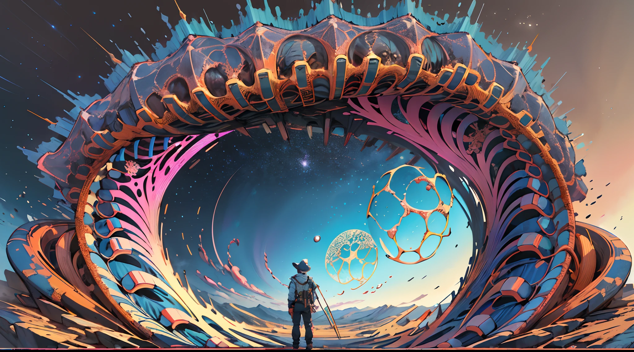 Montruo gigante mirando hacia abjao en un paisaje de otro mundo,Gigante fractalico, Fractal infinito,fractal de Mandelbrot, divino, Figura imponente humanoide, masivo,escala masiba, mirando hacia abajo, de pie, inmenso, apocalyptic, colorido, iridiscente, obra maestra, 4k-resolution, detalles intrincados, dios,divino,ente superios echo de fractales,figuara imposible,geometria unica,