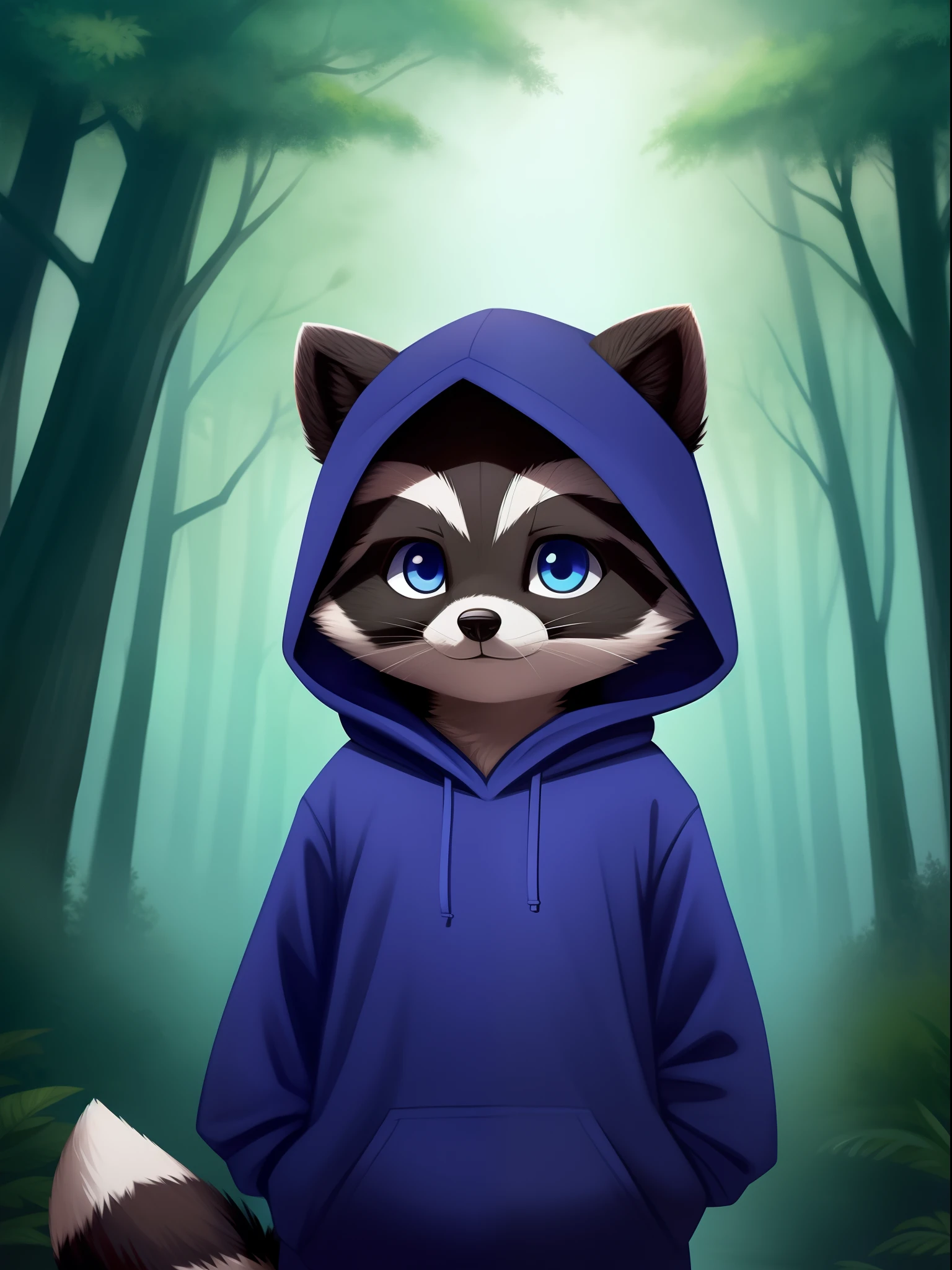 a cute raccoon, in a long indigo blue hooded shirt, with the background of a shady forest