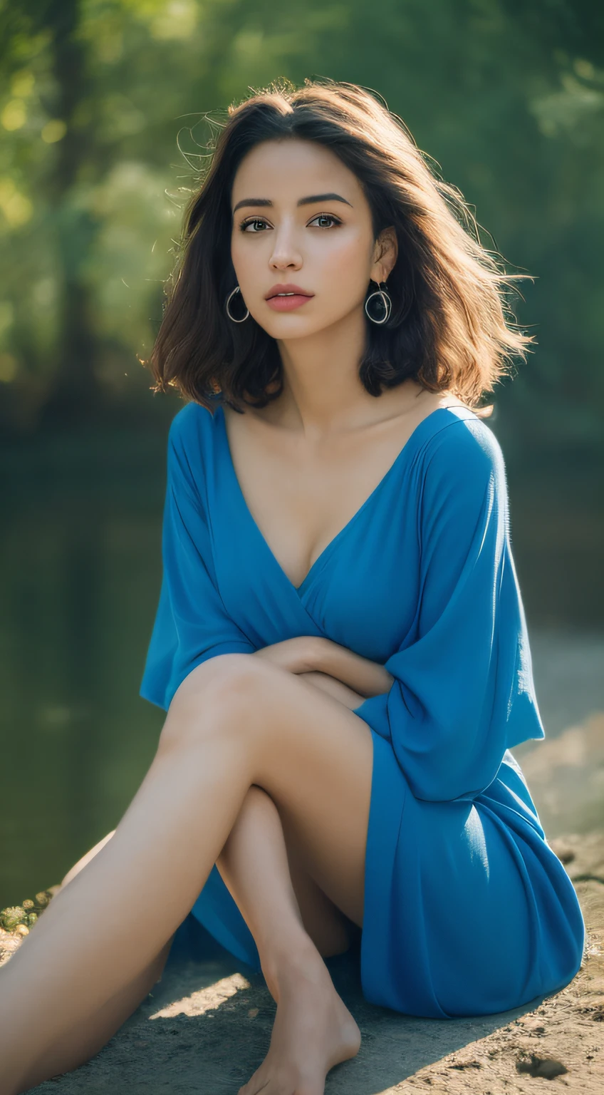 Arafed woman in a blue dress sitting in a meditation position, bonita do cabelo azul, mulher de cabelo azul curto, Alena Aenami e Artgerm, meninaa com cabelo azul, Arte digital realista 4K, Arte digital realista 4K, Arte no estilo de Guweiz, sensual 8K lighting, menina com cazul